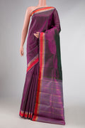 Purple Dual Tone Kanchipuram Silk Saree with Plain Body and Zari Border displayed on a mannequin