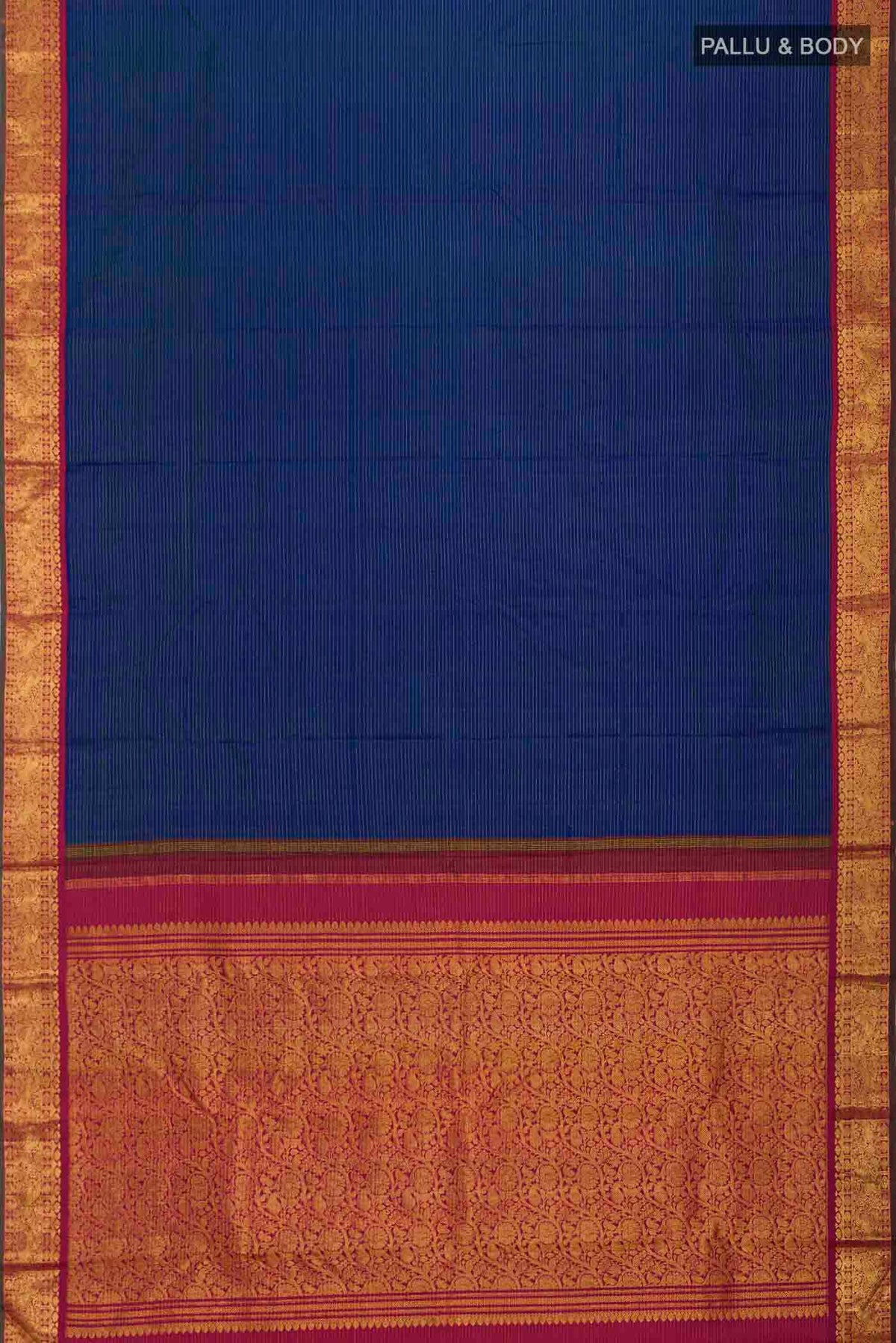 Flat view of Blue Kanchipuram Silk Saree with Stripes on the body and Zari Border