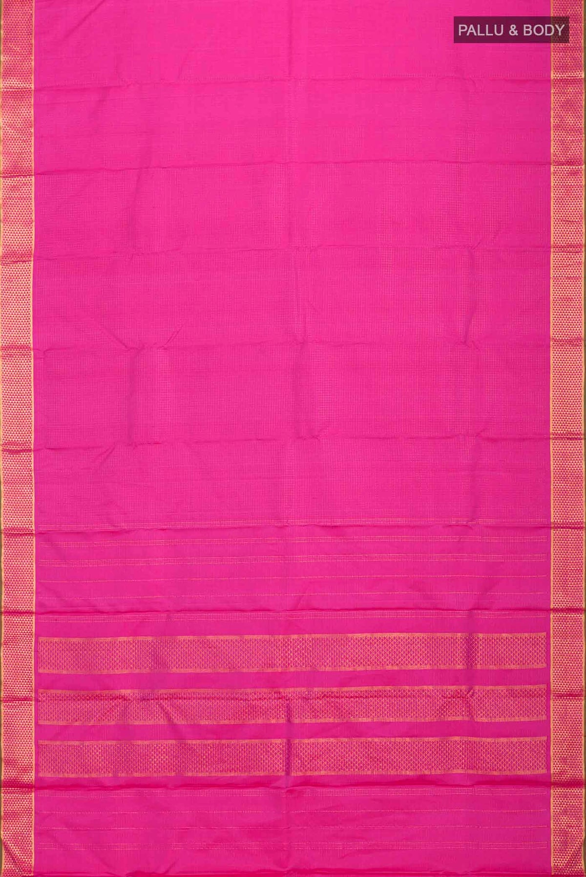Flat view of Pink Kanchipuram Silk Saree with Checked design on the body and Zari Border