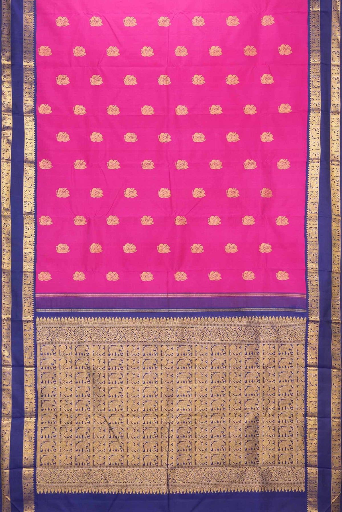 Flat view of Pink Dual Tone Kanchipuram Saree with Zari Butta on the body and Zari Border