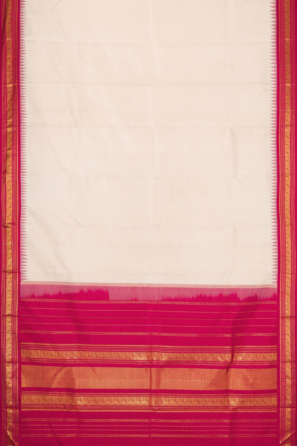 Flat view of Pure Silk Pure Zari Off White Dual Tone Kanchipuram Saree with Plain Body and Zari Border