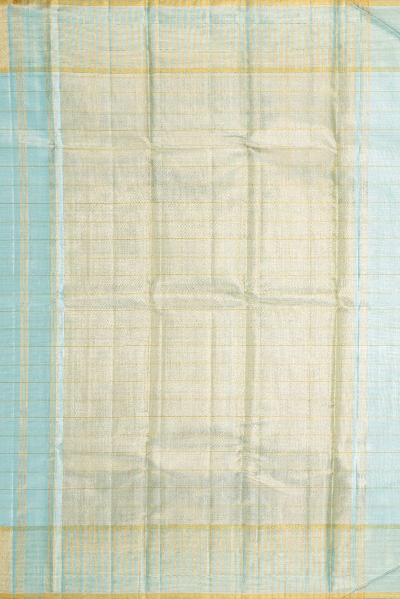 Close up image of the pallu of Sky Blue Dual Tone Kanchipuram Tissue Silk Saree with Stripes on the body and Zari Border