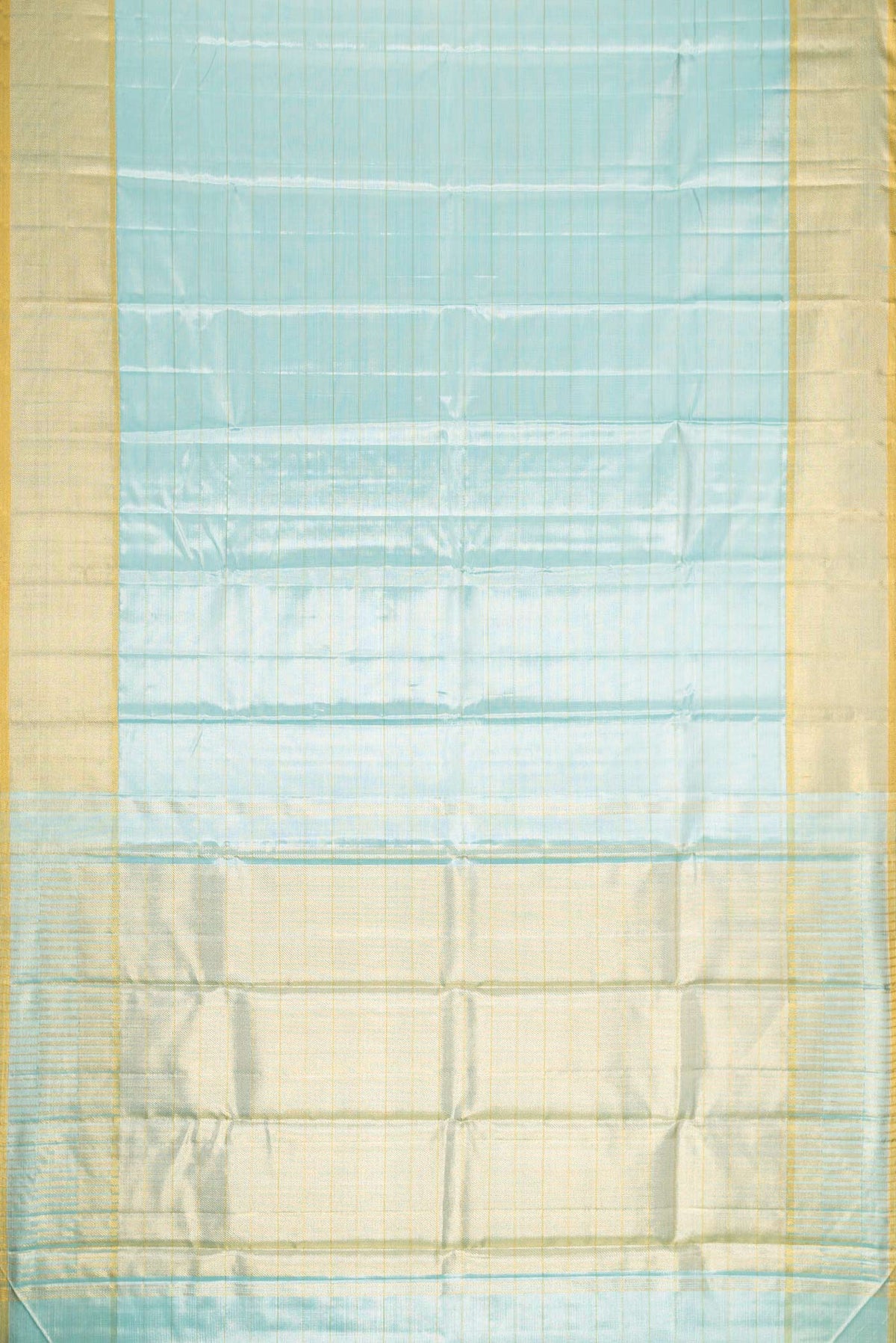 Flat view of Sky Blue Dual Tone Kanchipuram Tissue Silk Saree with Stripes on the body and Zari Border