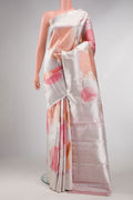 Pink , Maroon and Orange Dual Tone Kanchipuram Silk Saree with Zari Brocade on the body and Zari Border displayed on a mannequin