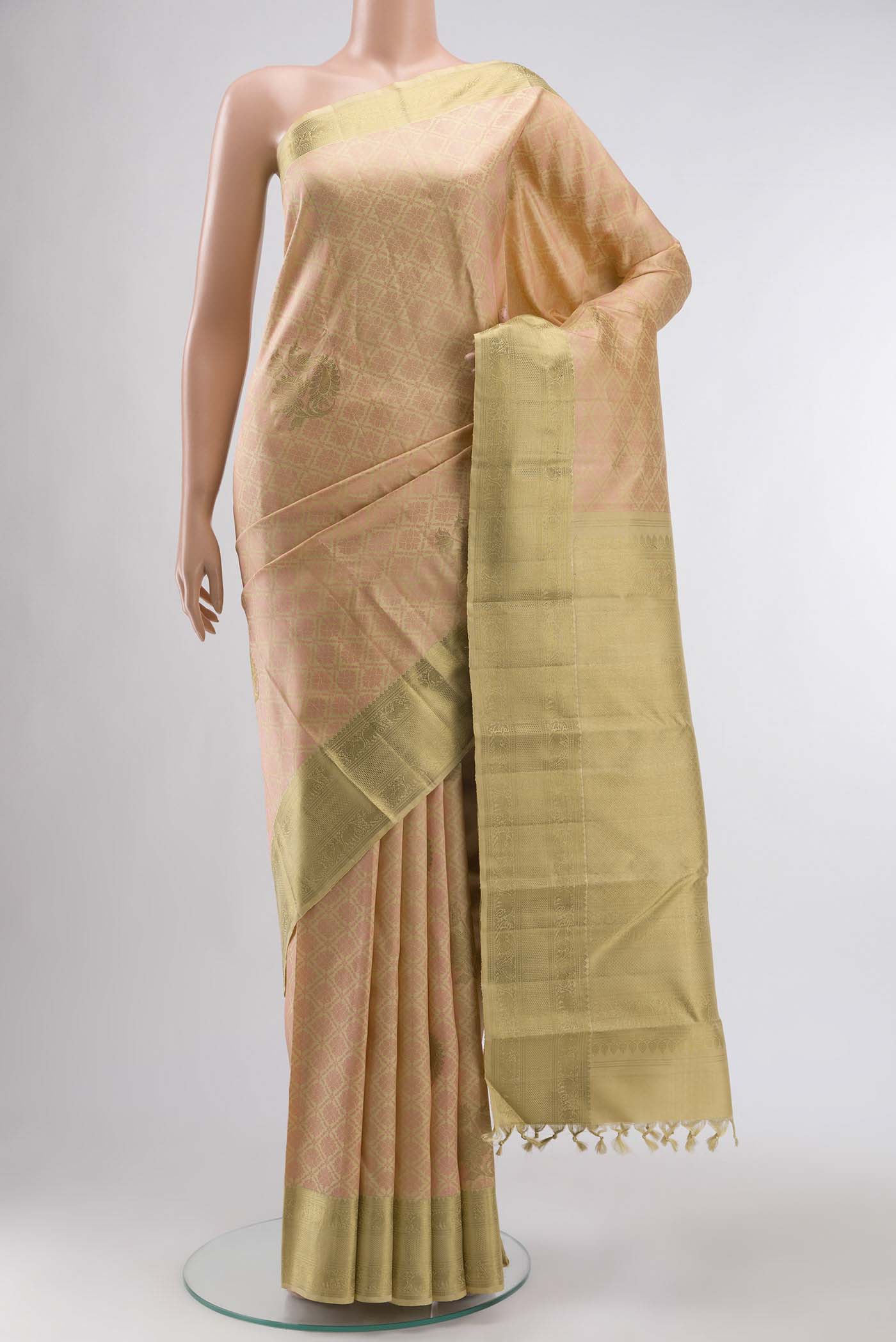 Pink Kanchipuram Silk Saree with Jacquard With Zari Butta on the body and Zari Border displayed on a mannequin