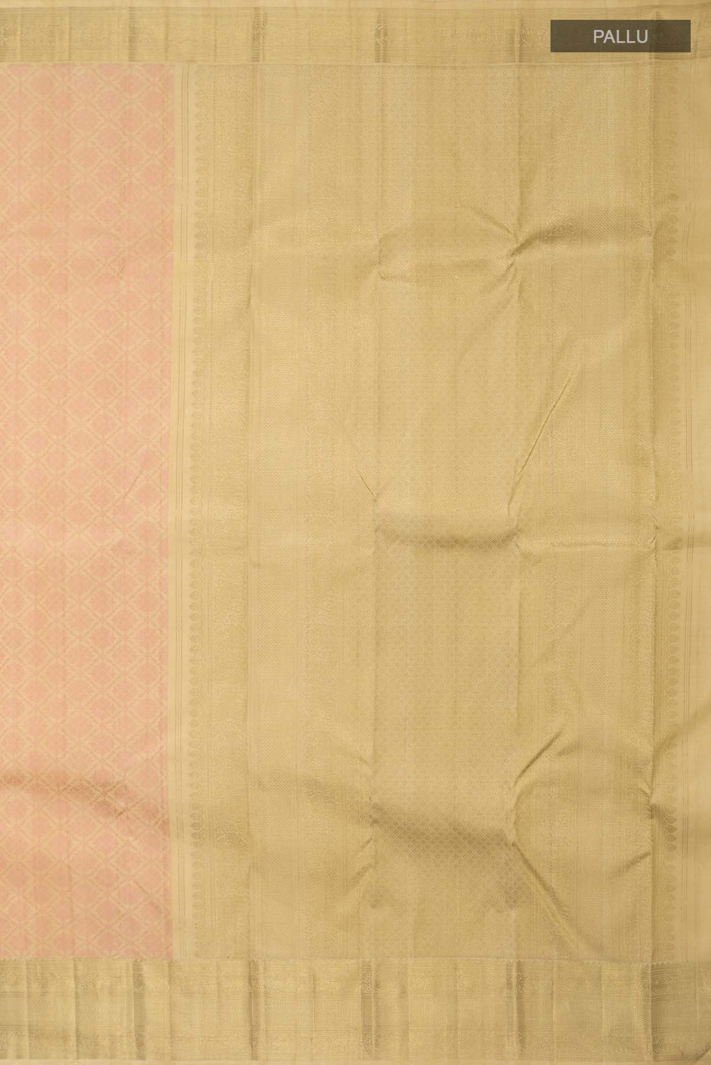 Close up image of the pallu of Pink Kanchipuram Silk Saree with Jacquard With Zari Butta on the body and Zari Border