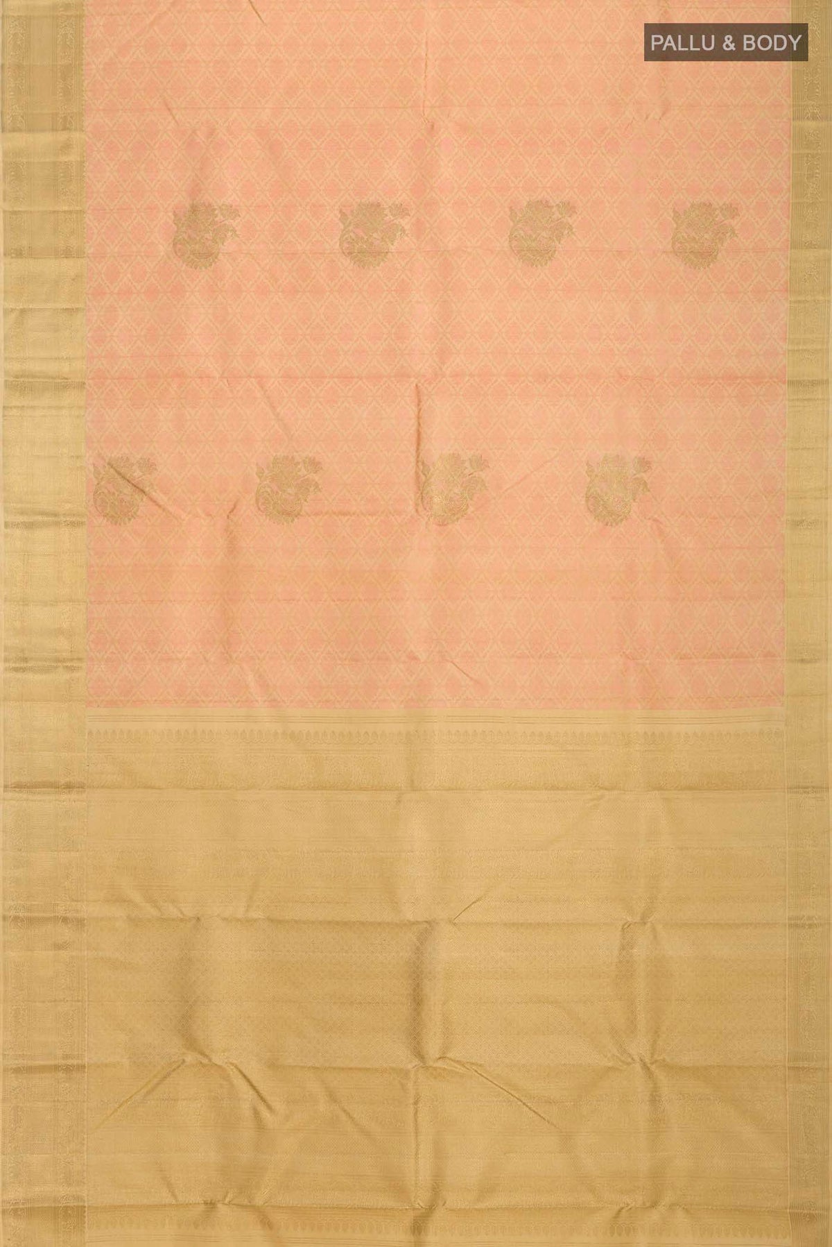 Flat view of Pink Kanchipuram Silk Saree with Jacquard With Zari Butta on the body and Zari Border