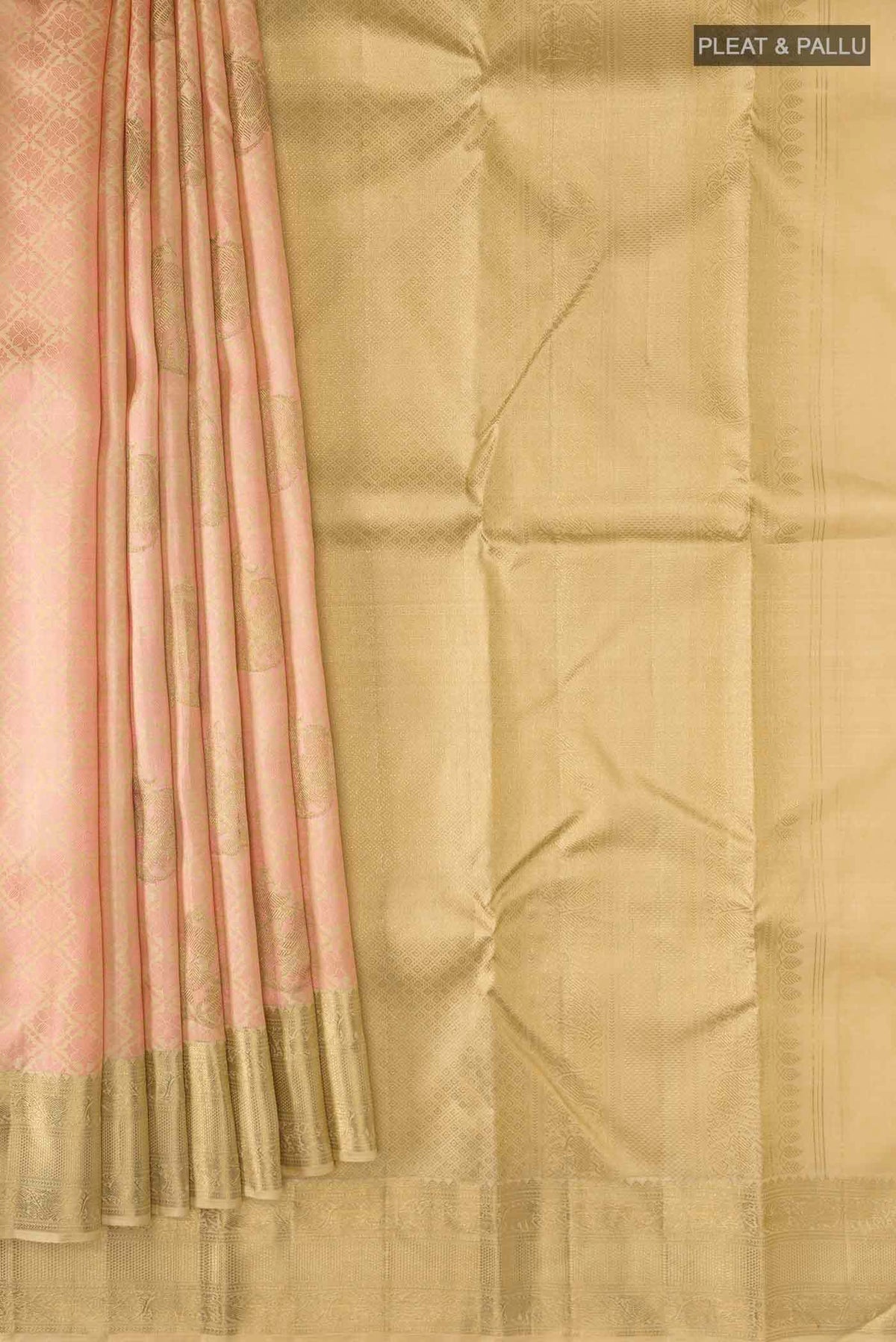 Pleats and pallu of Pink Kanchipuram Silk Saree with Jacquard With Zari Butta on the body and Zari Border