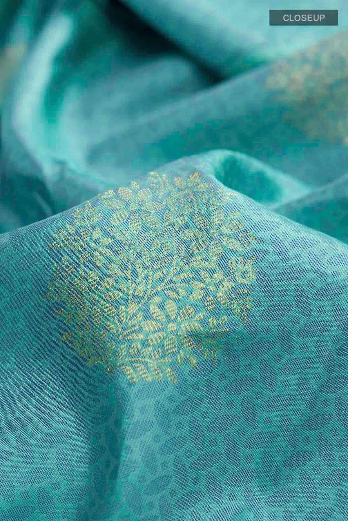 Close up of Green Kanchipuram Silk Saree with Jacquard With Zari Butta on the body and Without Border displaying folds