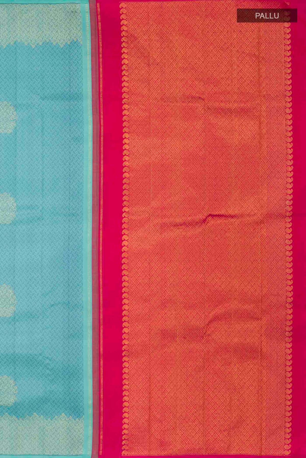 Close up image of the pallu of Green Kanchipuram Silk Saree with Jacquard With Zari Butta on the body and Without Border
