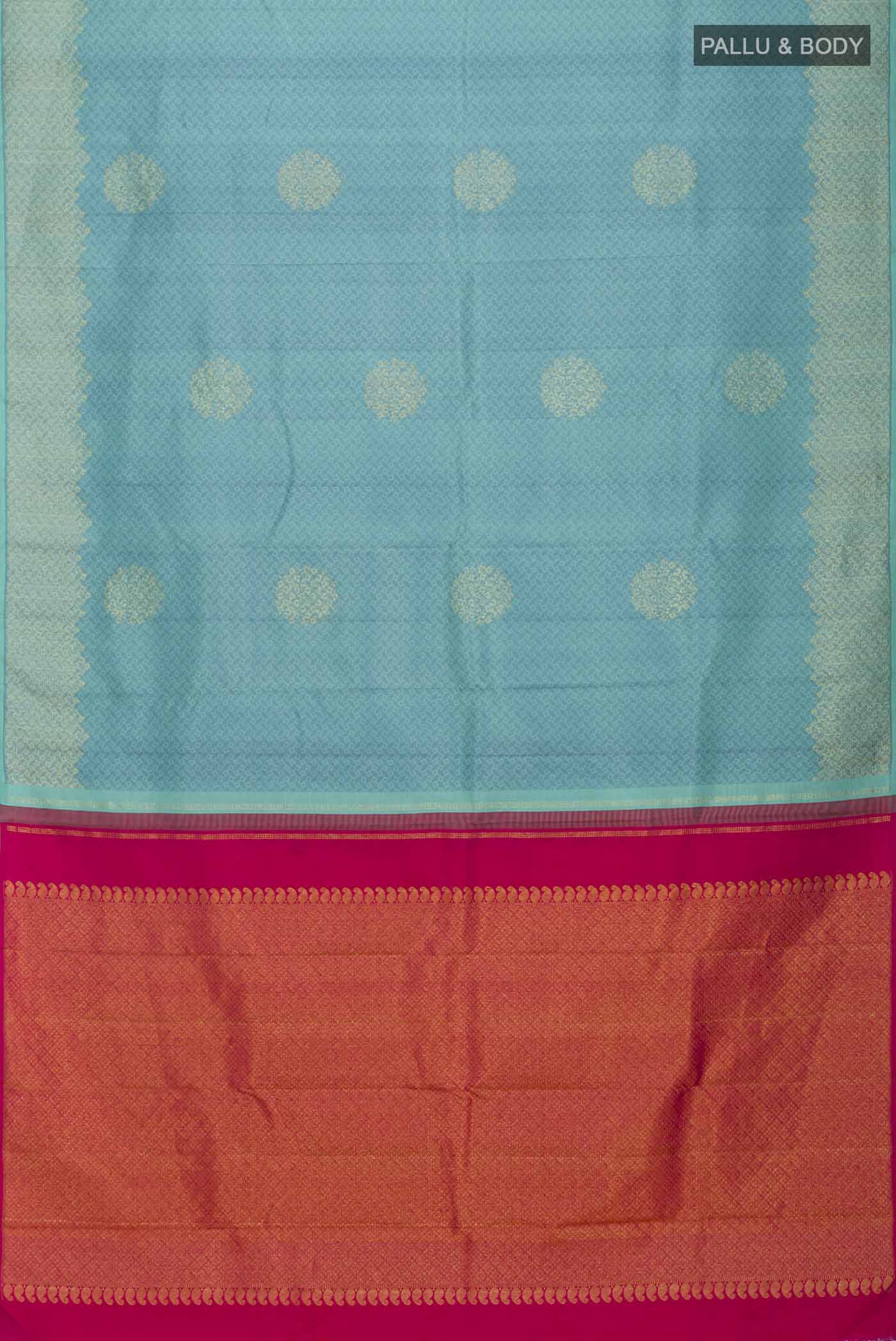Flat view of Green Kanchipuram Silk Saree with Jacquard With Zari Butta on the body and Without Border