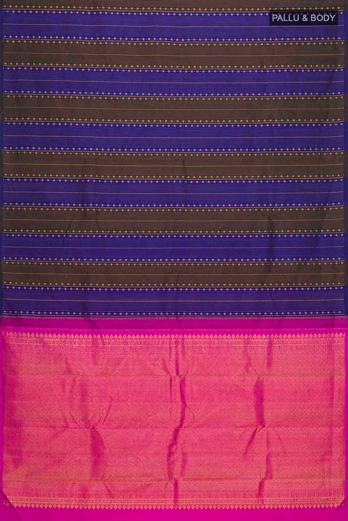Flat view of Multi Color Kanchipuram Silk Saree with Stripes on the body and Without Border