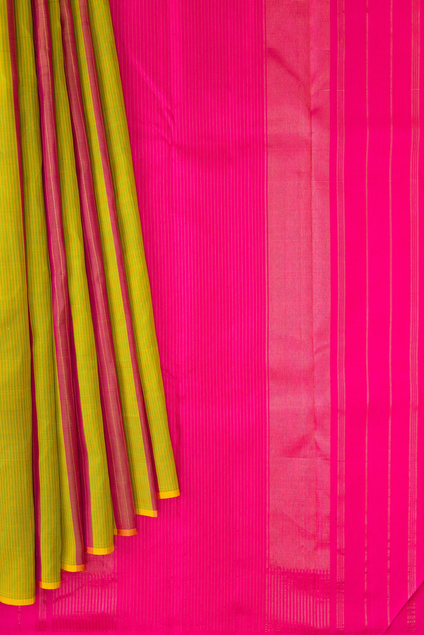 Pleats and pallu of Parrot Green Dual Tone Kanjivaram Silk Saree with Stripes on the body and Without Border. 