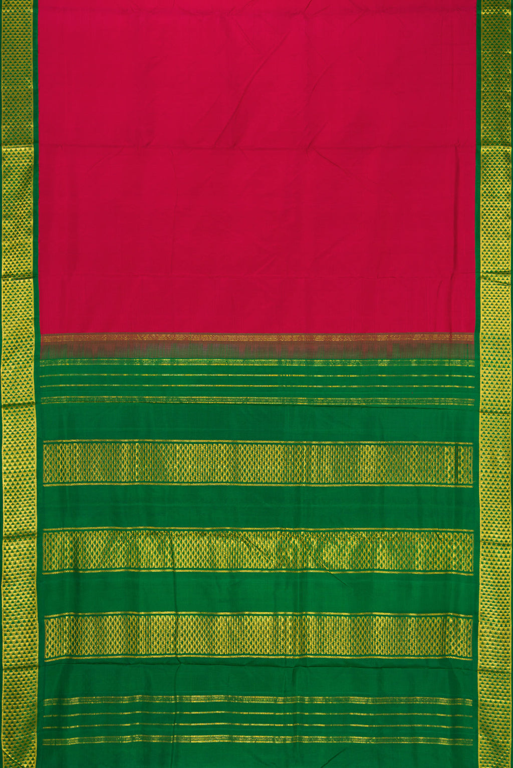 Flat view of Pure Silk Pure Zari Maroon Dual Tone Kanjivaram Nine Yards Saree with Plain Body and Zari Border. 
