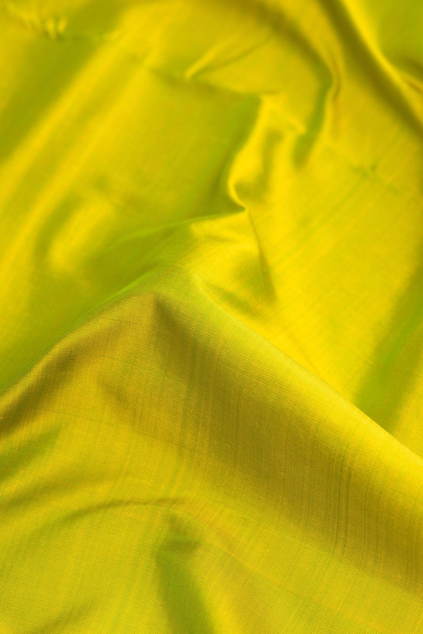 Close up of Pure Silk Pure Zari Parrot Green Dual Tone Kanjivaram Nine Yards Saree with Plain Body and Zari Border.  displaying folds