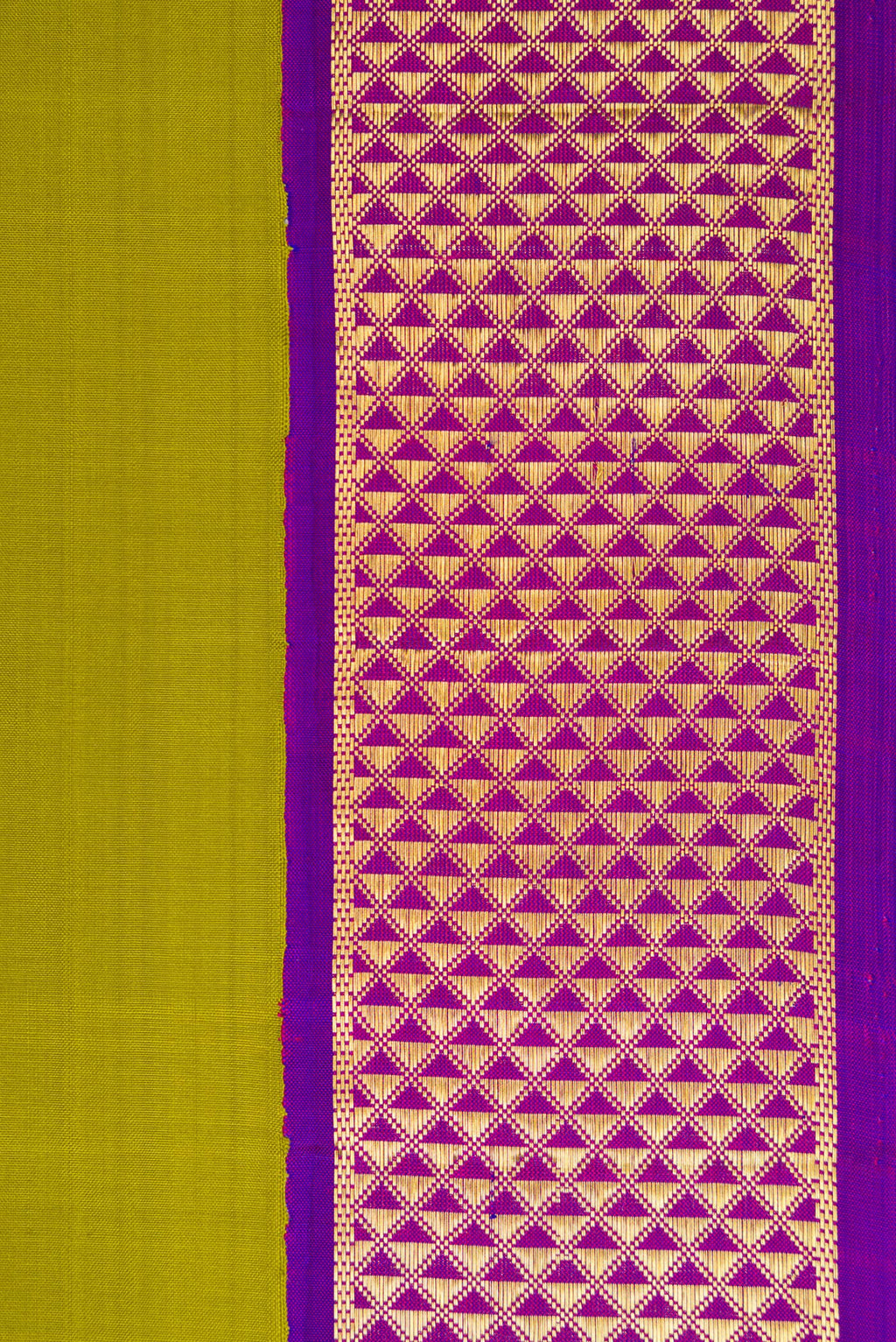 Border image of Parrot Green Dual Tone Kanjivaram Silk Nine Yards Saree with Plain Body and Zari Border. 