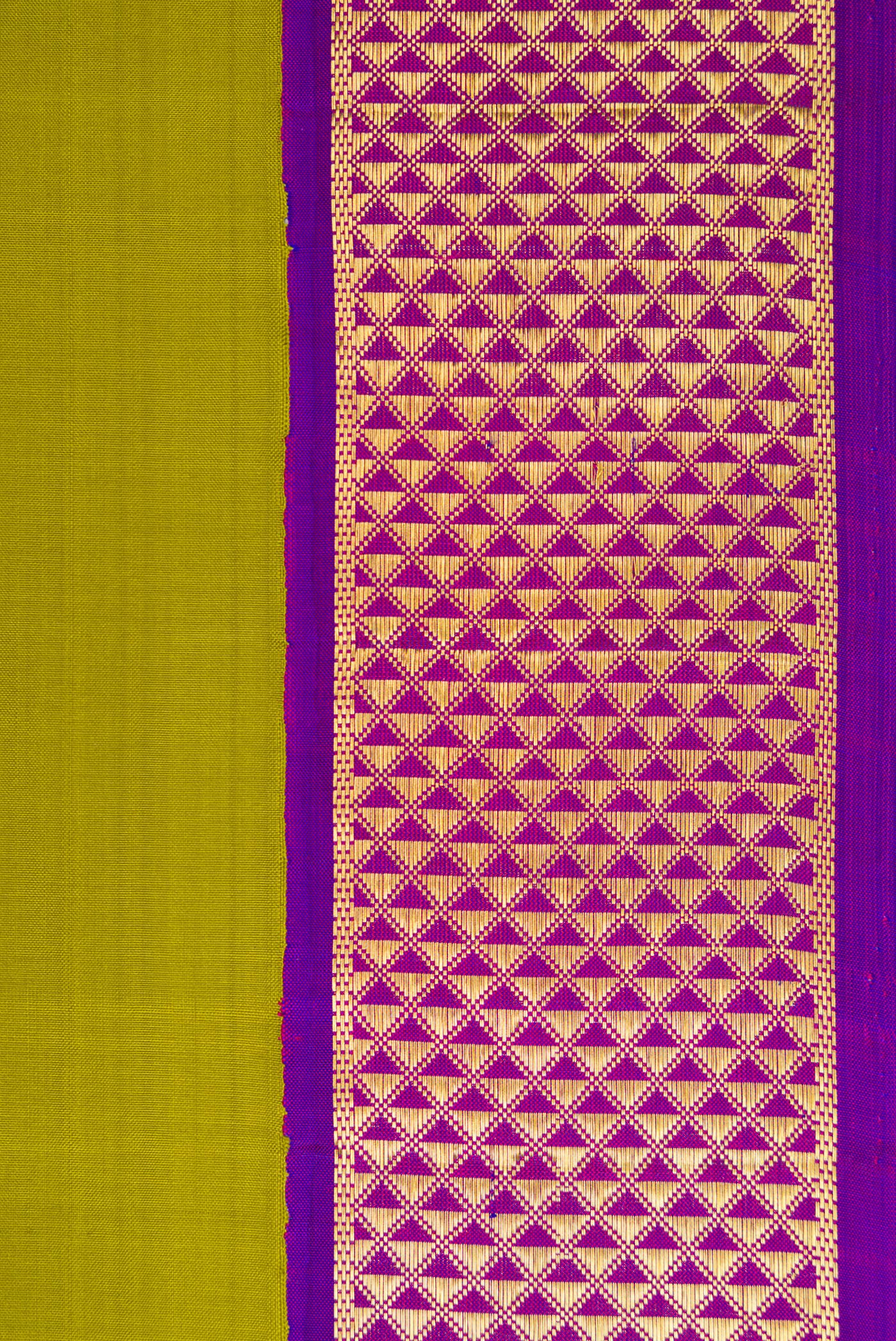 Border image of Parrot Green Dual Tone Kanjivaram Silk Nine Yards Saree with Plain Body and Zari Border. 