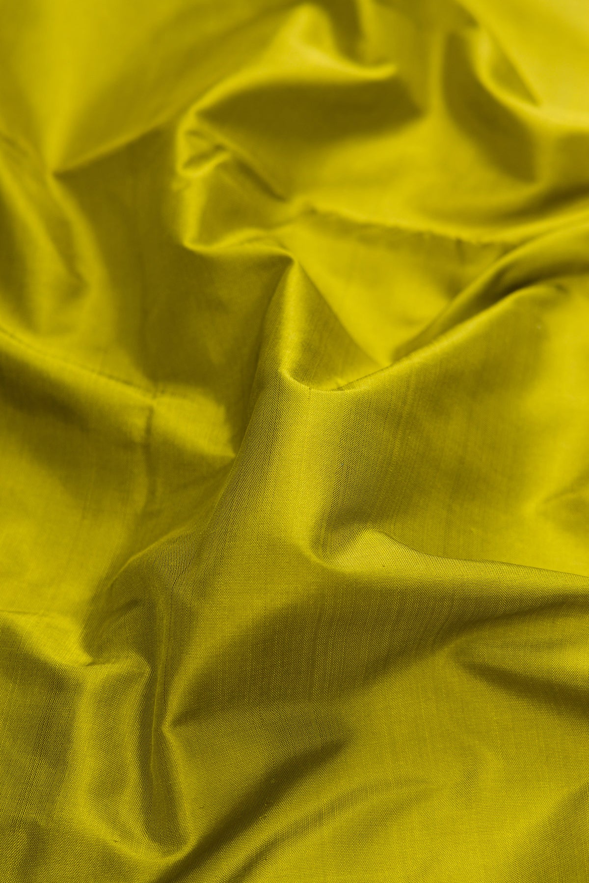 Close up of Parrot Green Dual Tone Kanjivaram Silk Nine Yards Saree with Plain Body and Zari Border.  displaying folds