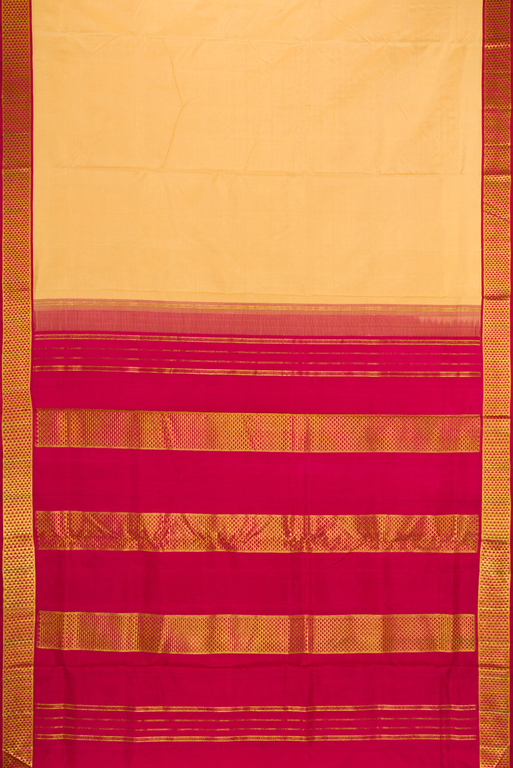 Flat view of Sandal Dual Tone Kanjivaram Silk Nine Yards Saree with Stripes on the body and Zari Border. 