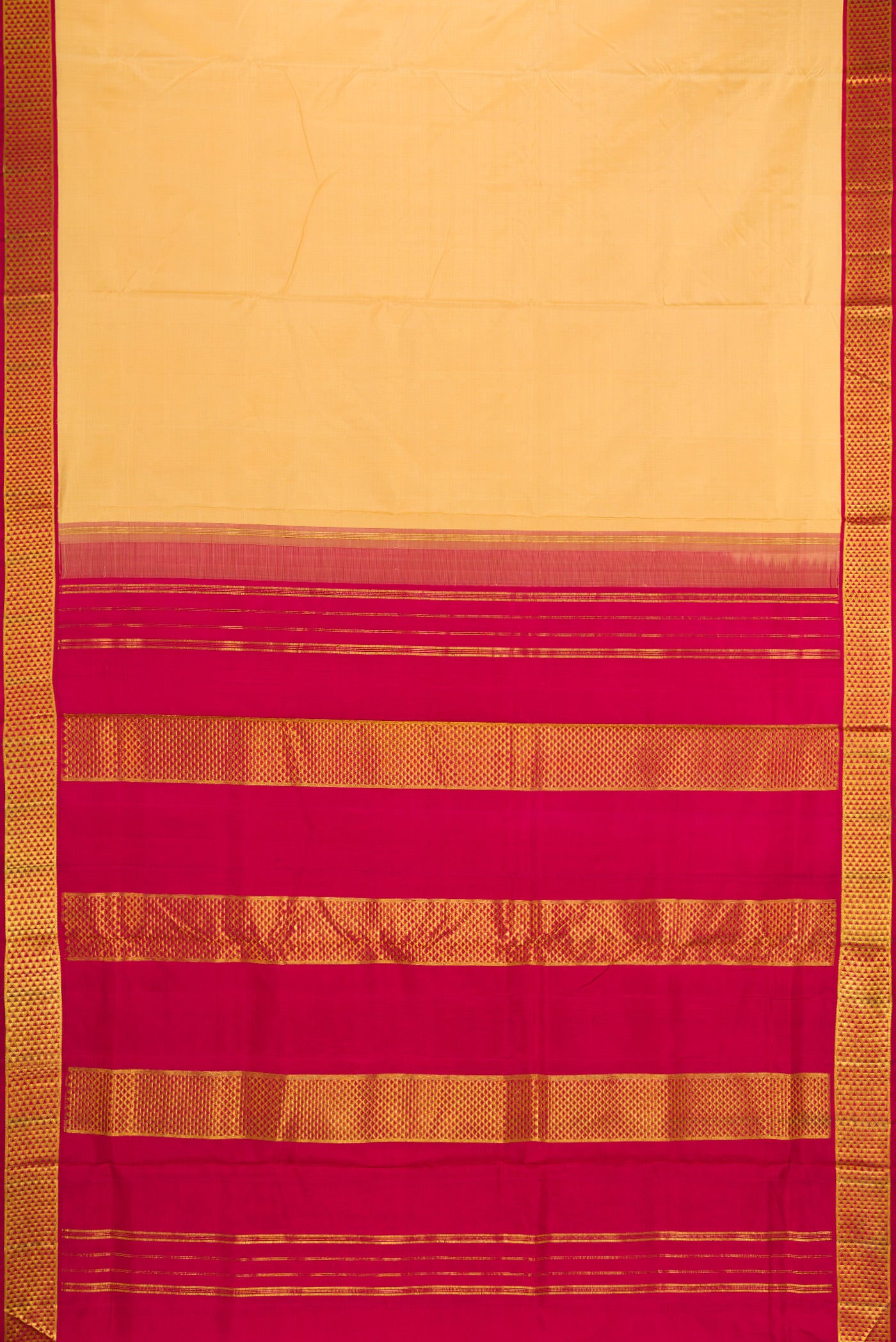 Flat view of Sandal Dual Tone Kanjivaram Silk Nine Yards Saree with Stripes on the body and Zari Border. 