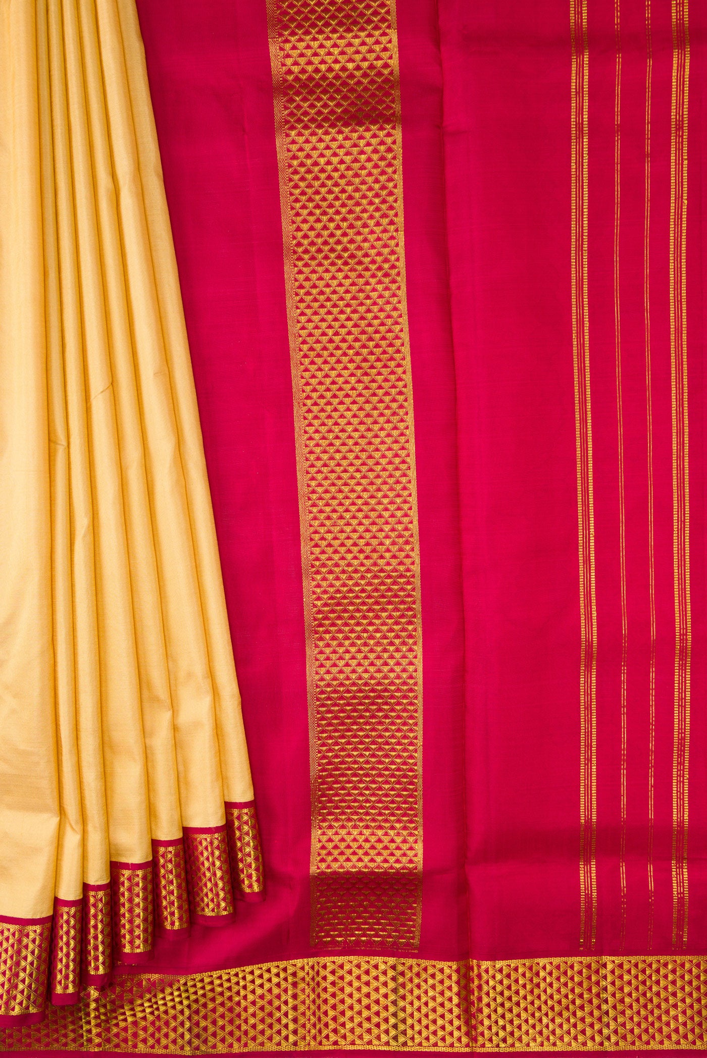 Pleats and pallu of Sandal Dual Tone Kanjivaram Silk Nine Yards Saree with Stripes on the body and Zari Border. 