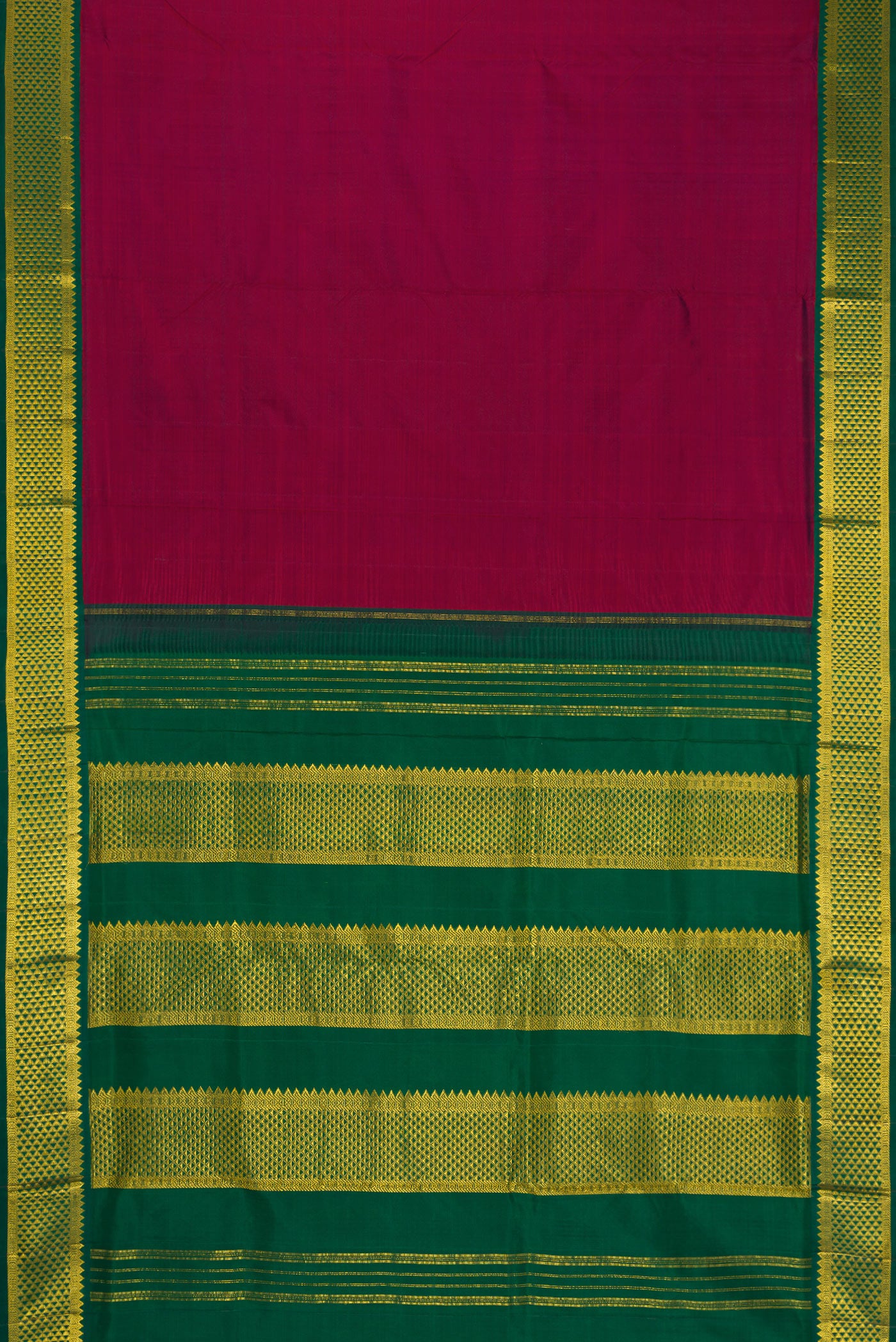 Flat view of Pure Silk Pure Zari Maroon Dual Tone Kanjivaram Nine Yards Saree with Plain Body and Zari Border. 