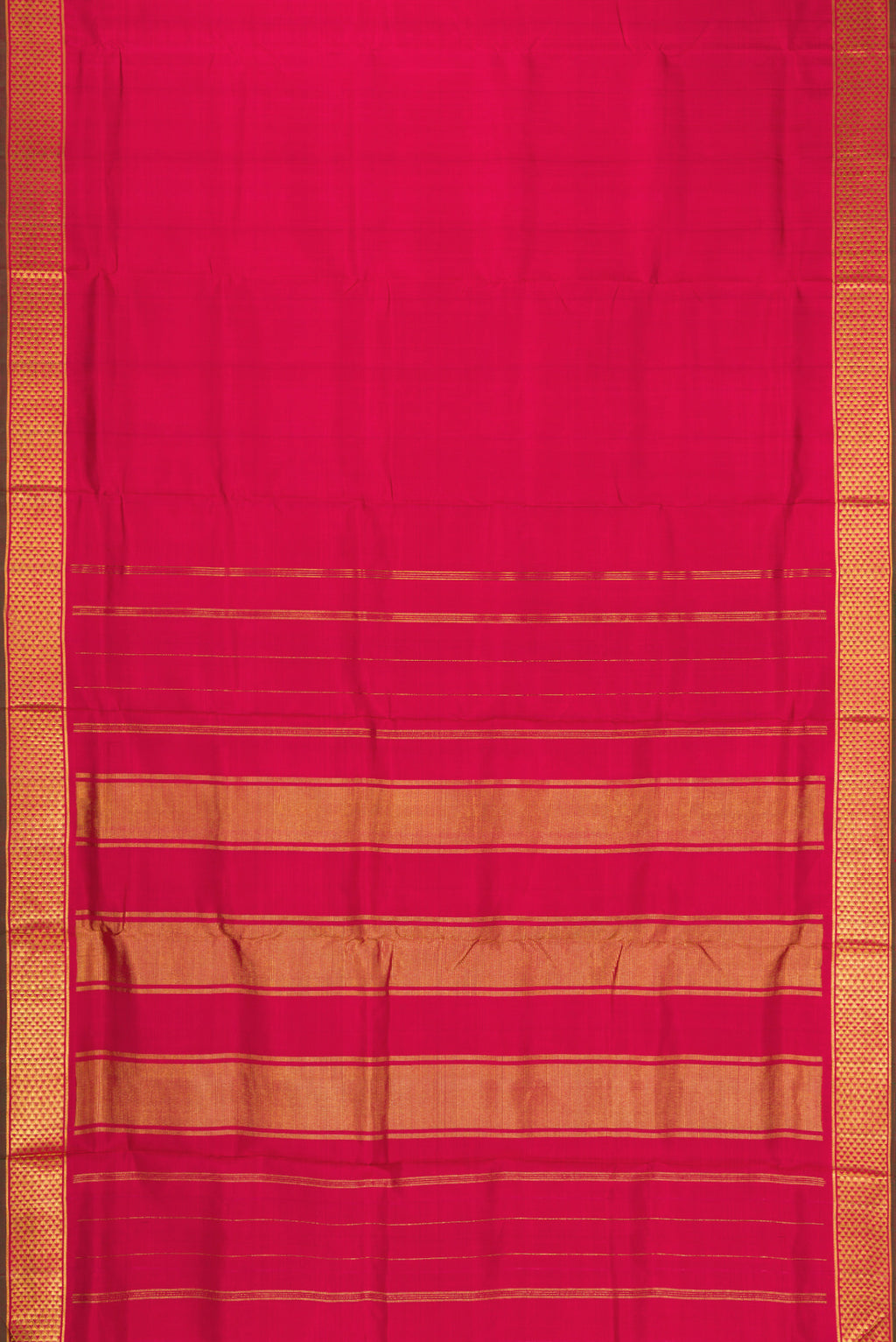 Flat view of Maroon Kanjivaram Silk Nine Yards Saree with Plain Body and Zari Border. 