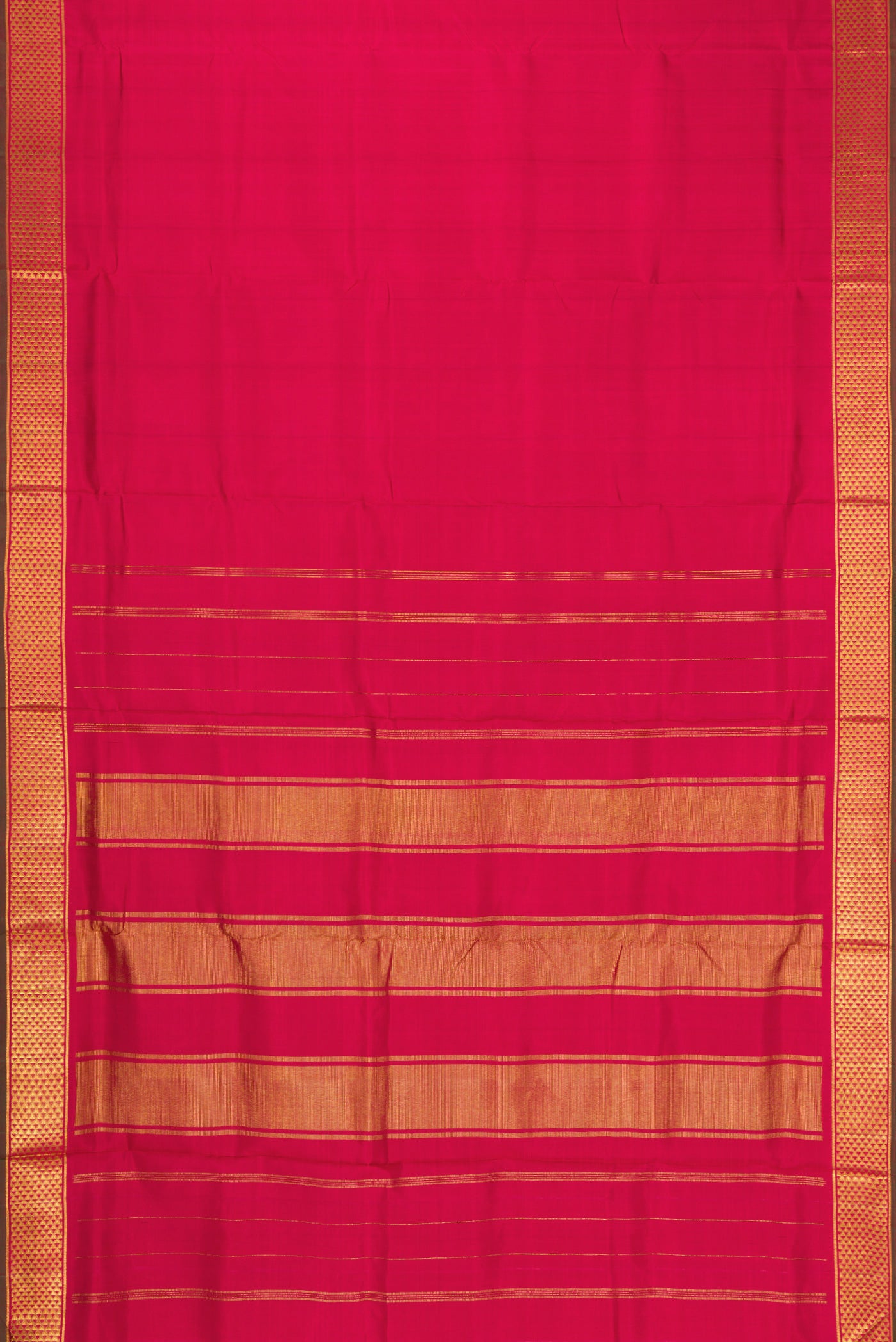 Flat view of Maroon Kanjivaram Silk Nine Yards Saree with Plain Body and Zari Border. 