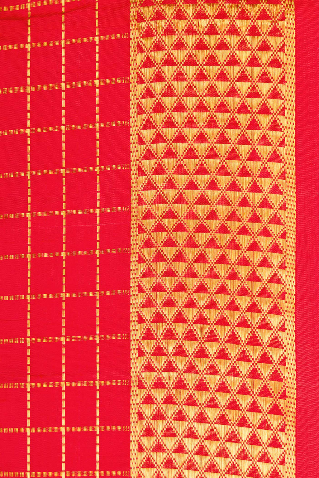 Border image of Pure Silk Pure Zari Red Dual Tone Kanjivaram Nine Yards Saree with Checked design on the body and Zari Border. 