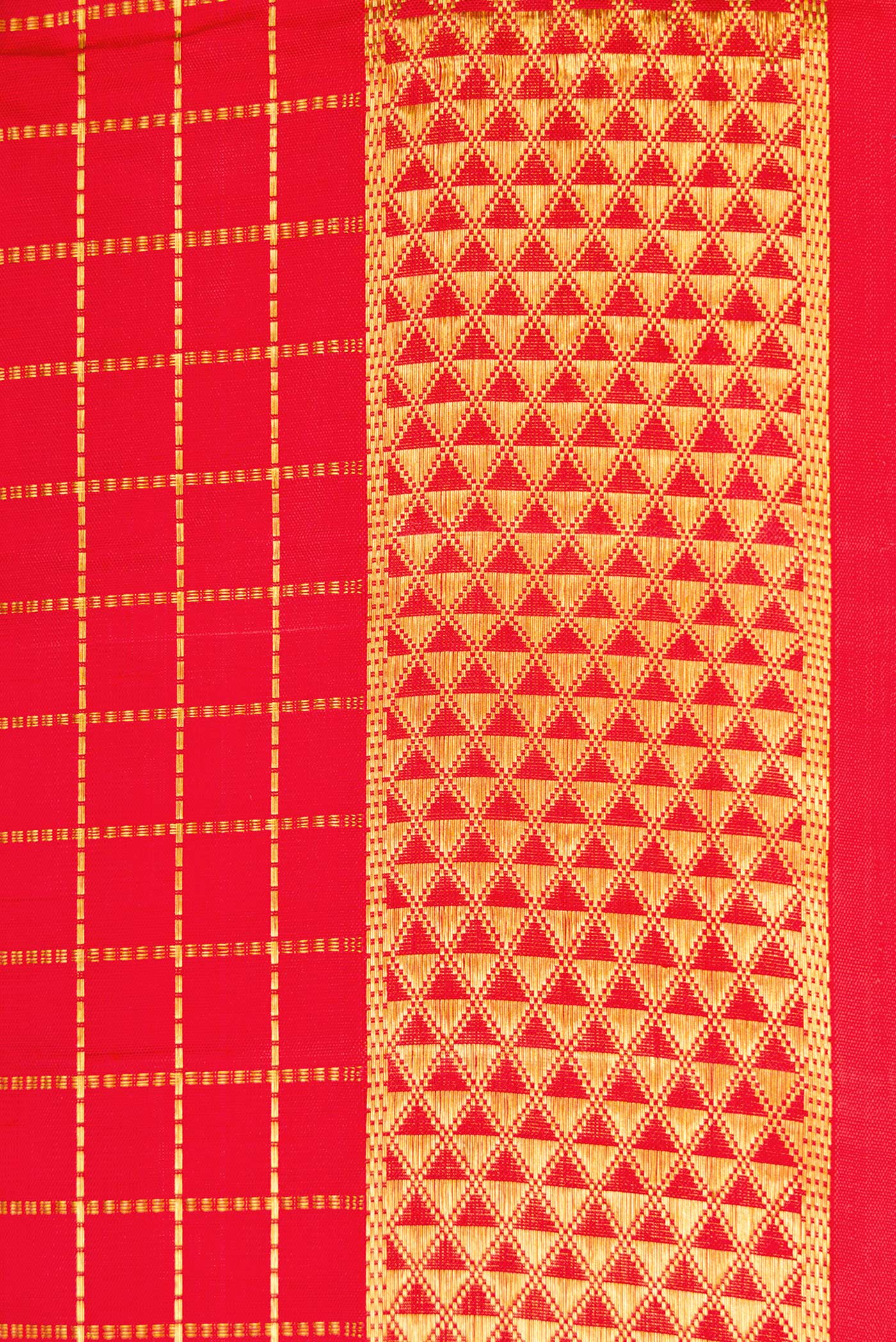 Border image of Pure Silk Pure Zari Red Dual Tone Kanjivaram Nine Yards Saree with Checked design on the body and Zari Border. 