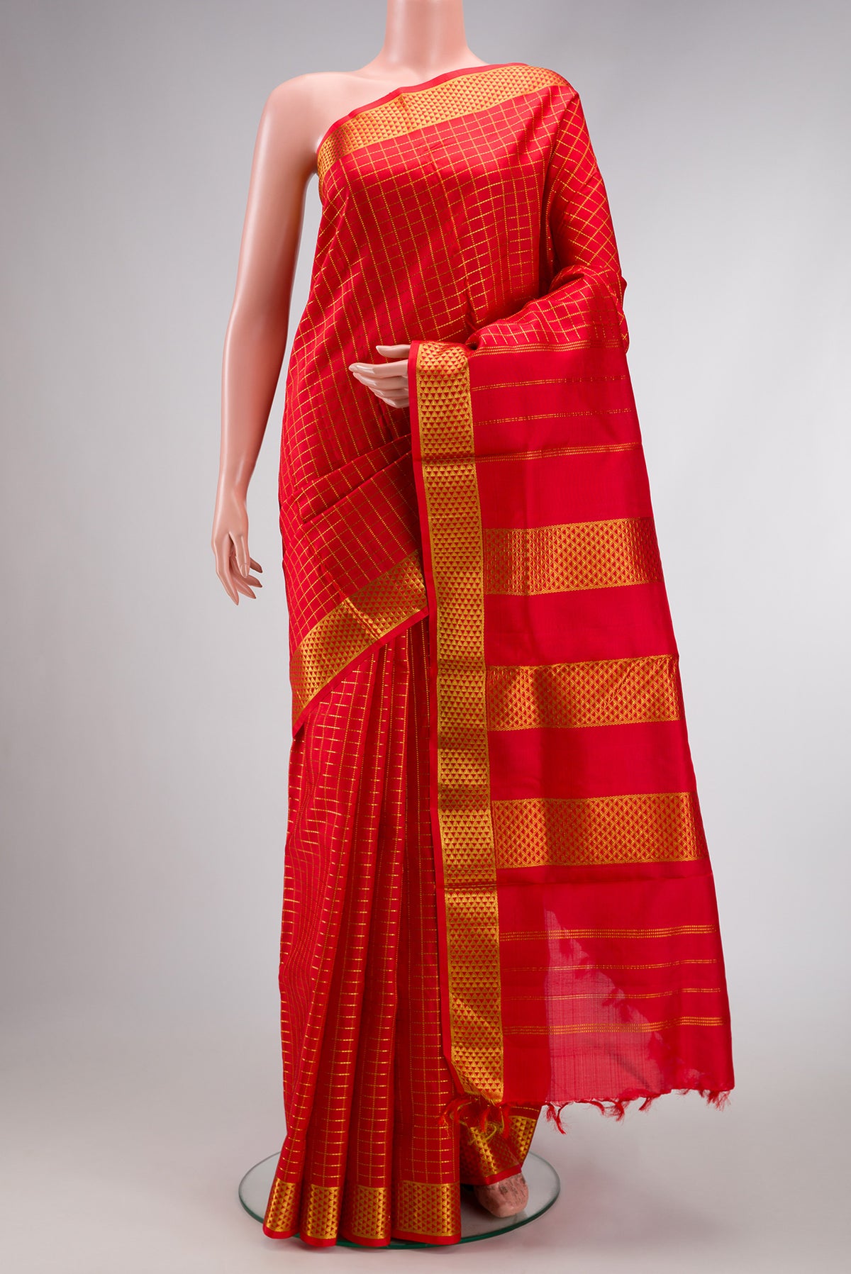 Pure Silk Pure Zari Red Dual Tone Kanjivaram Nine Yards Saree with Checked design on the body and Zari Border.  displayed on a mannequin