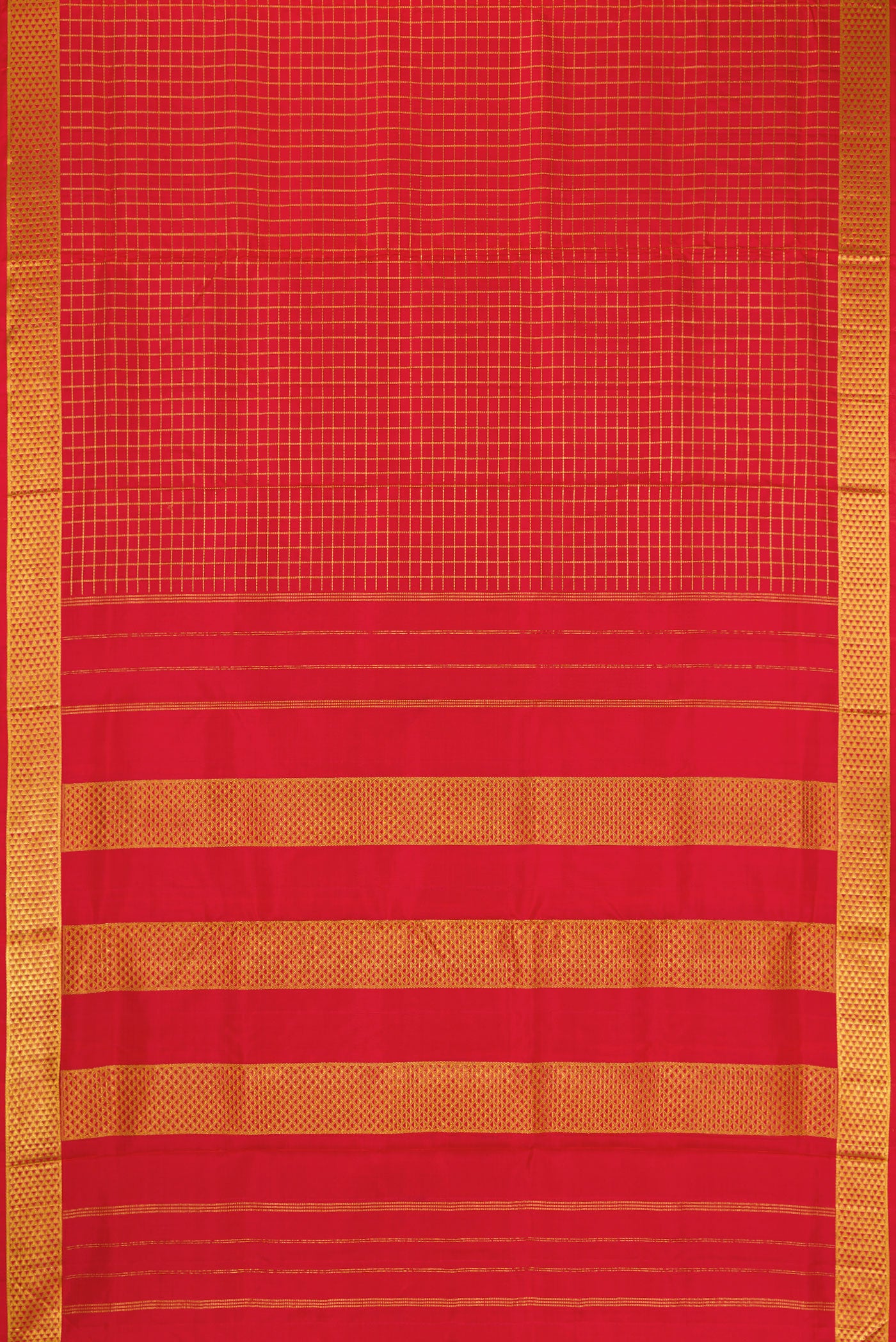 Flat view of Pure Silk Pure Zari Red Dual Tone Kanjivaram Nine Yards Saree with Checked design on the body and Zari Border. 