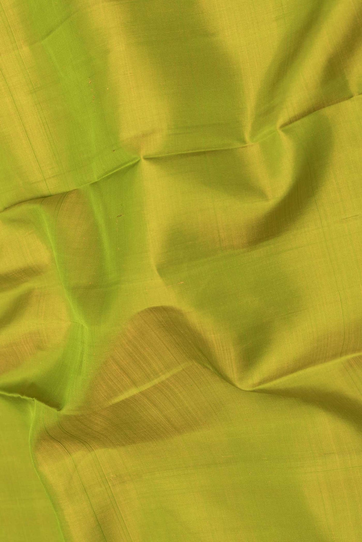 Close up of Parrot Green Dual Tone Kanchipuram Saree with Plain Body and Zari Border displaying folds