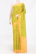Parrot Green Dual Tone Kanchipuram Saree with Plain Body and Zari Border displayed on a mannequin