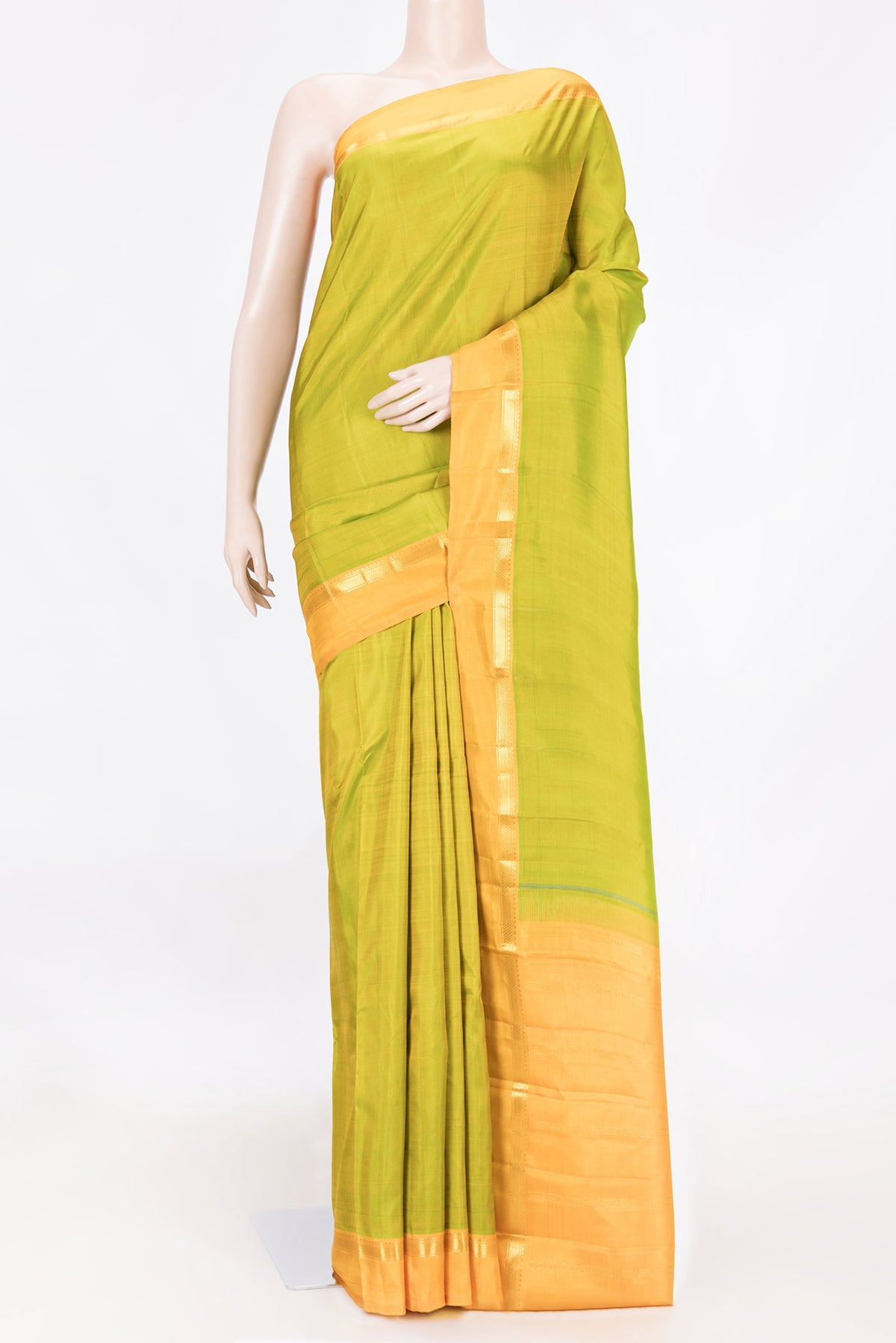 Parrot Green Dual Tone Kanchipuram Saree with Plain Body and Zari Border displayed on a mannequin