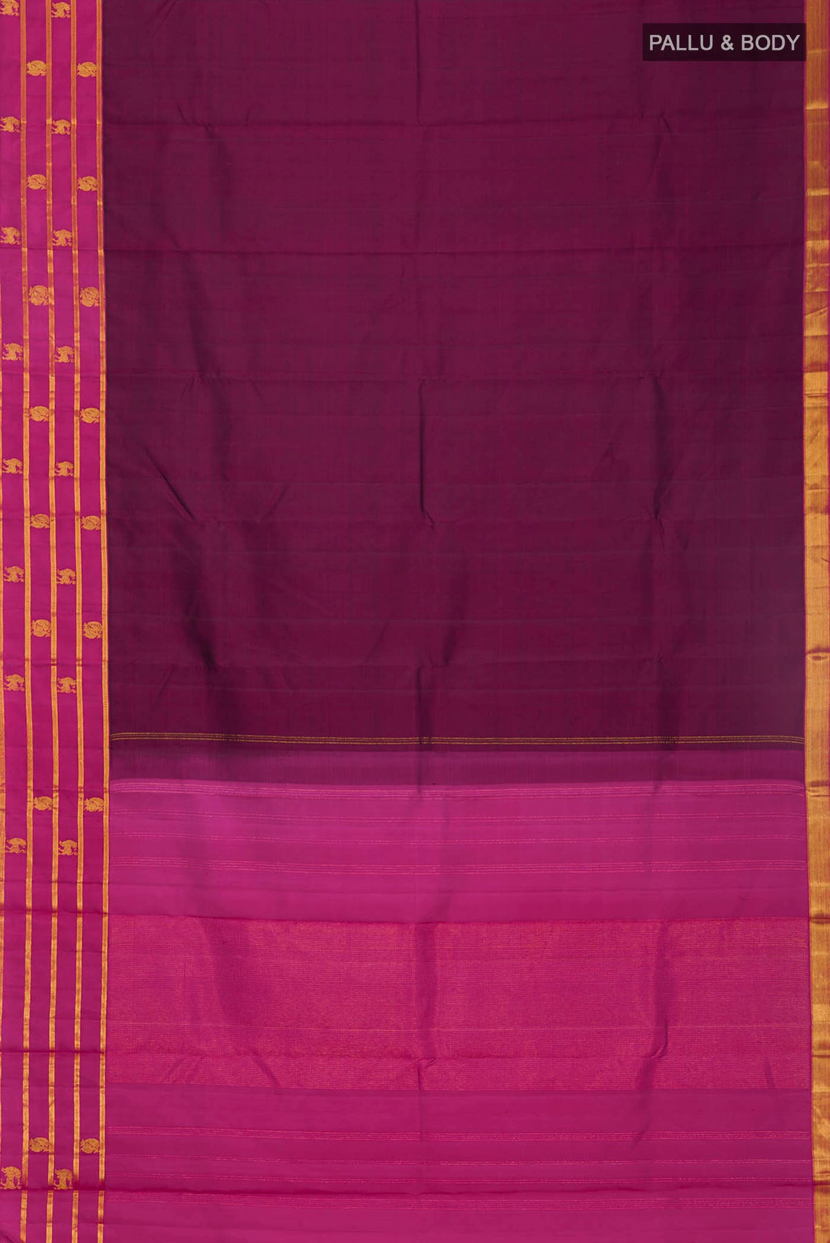 Flat view of Maroon Kanchipuram Silk Saree with Plain Body and Zari Border