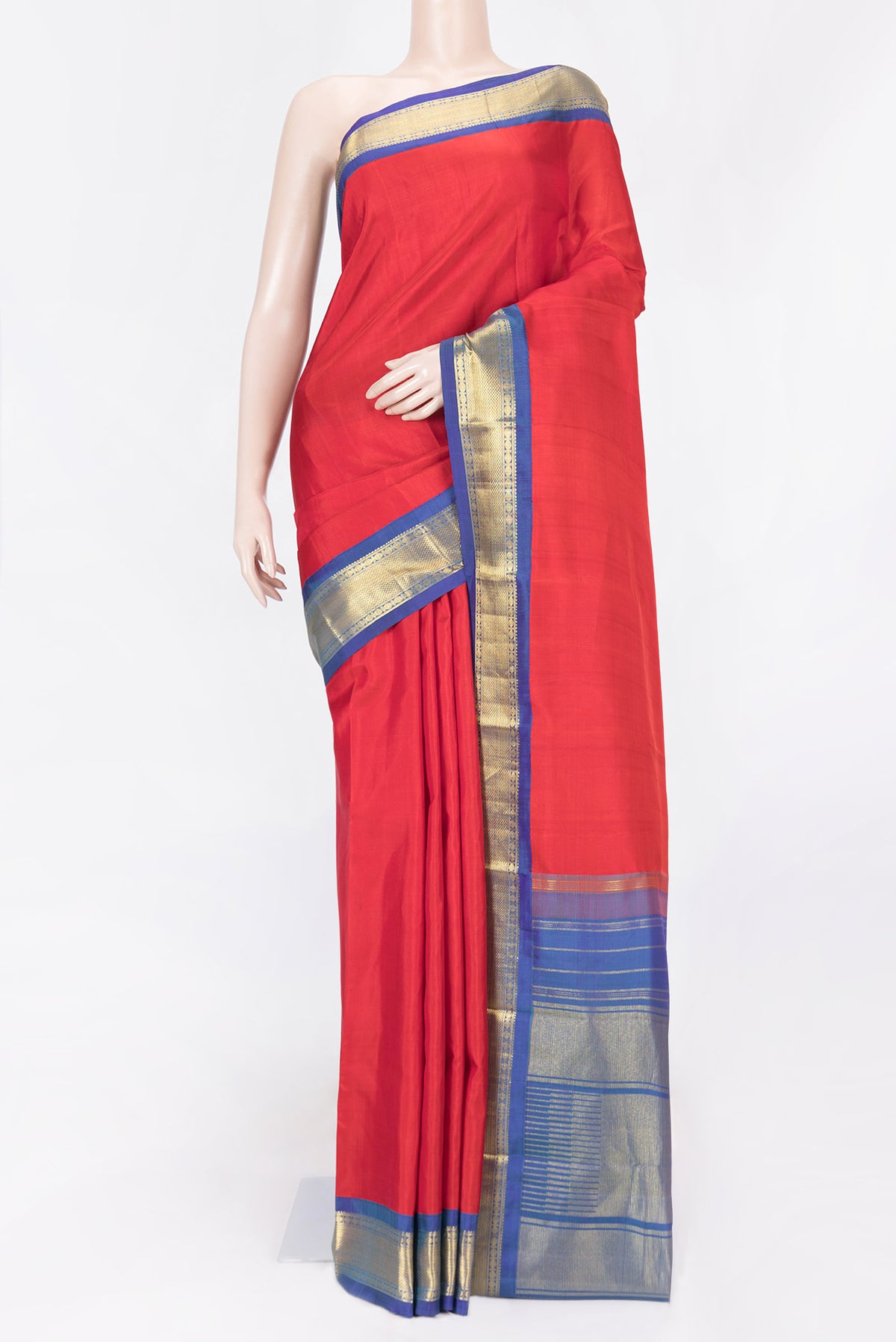 Red Dual Tone Kanchipuram Saree with Plain Body and Zari Border displayed on a mannequin