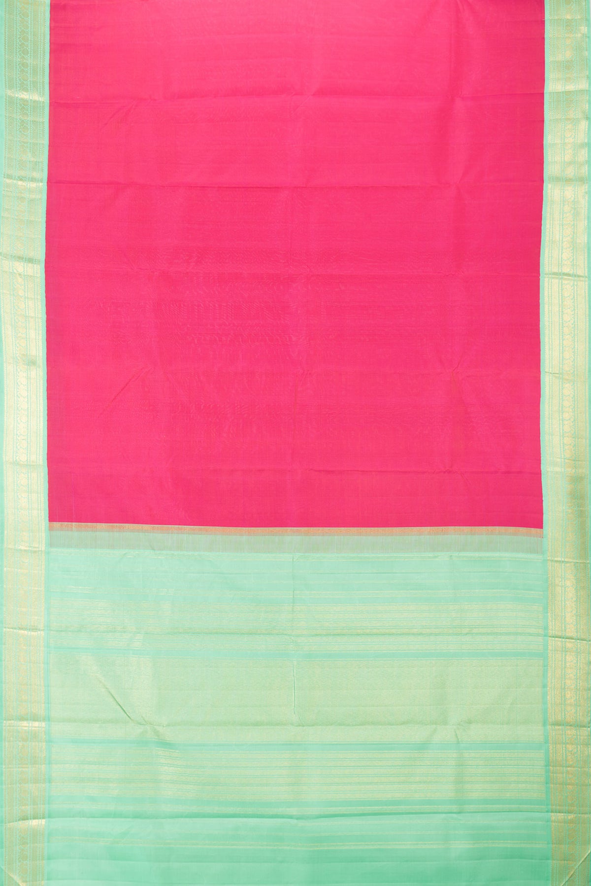 Flat view of Pink Dual Tone Kanchipuram Saree with Plain Body and Zari Border