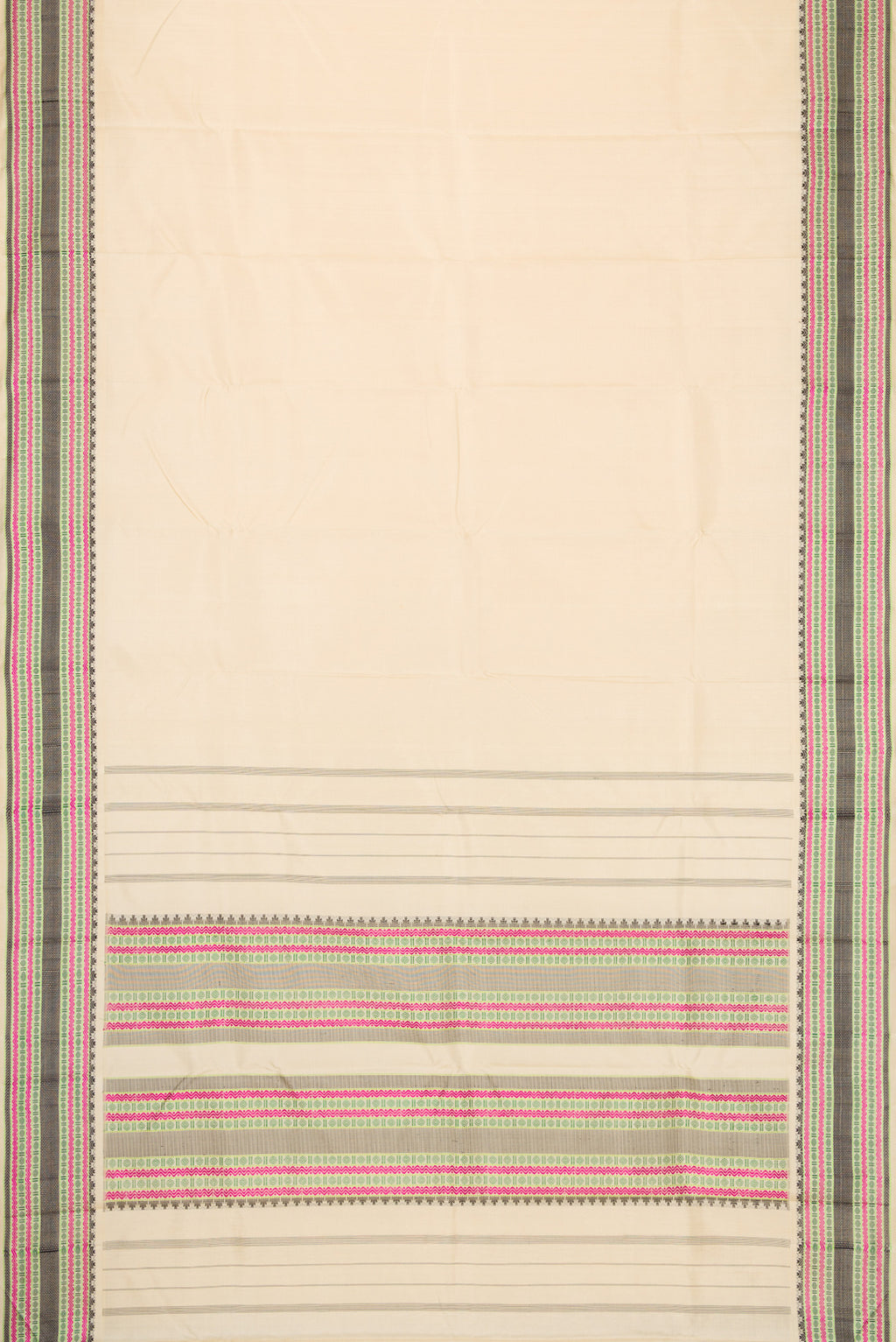 Flat view of Sandal Dual Tone Kanchipuram Silk Saree with Plain Body and Thread Border. 