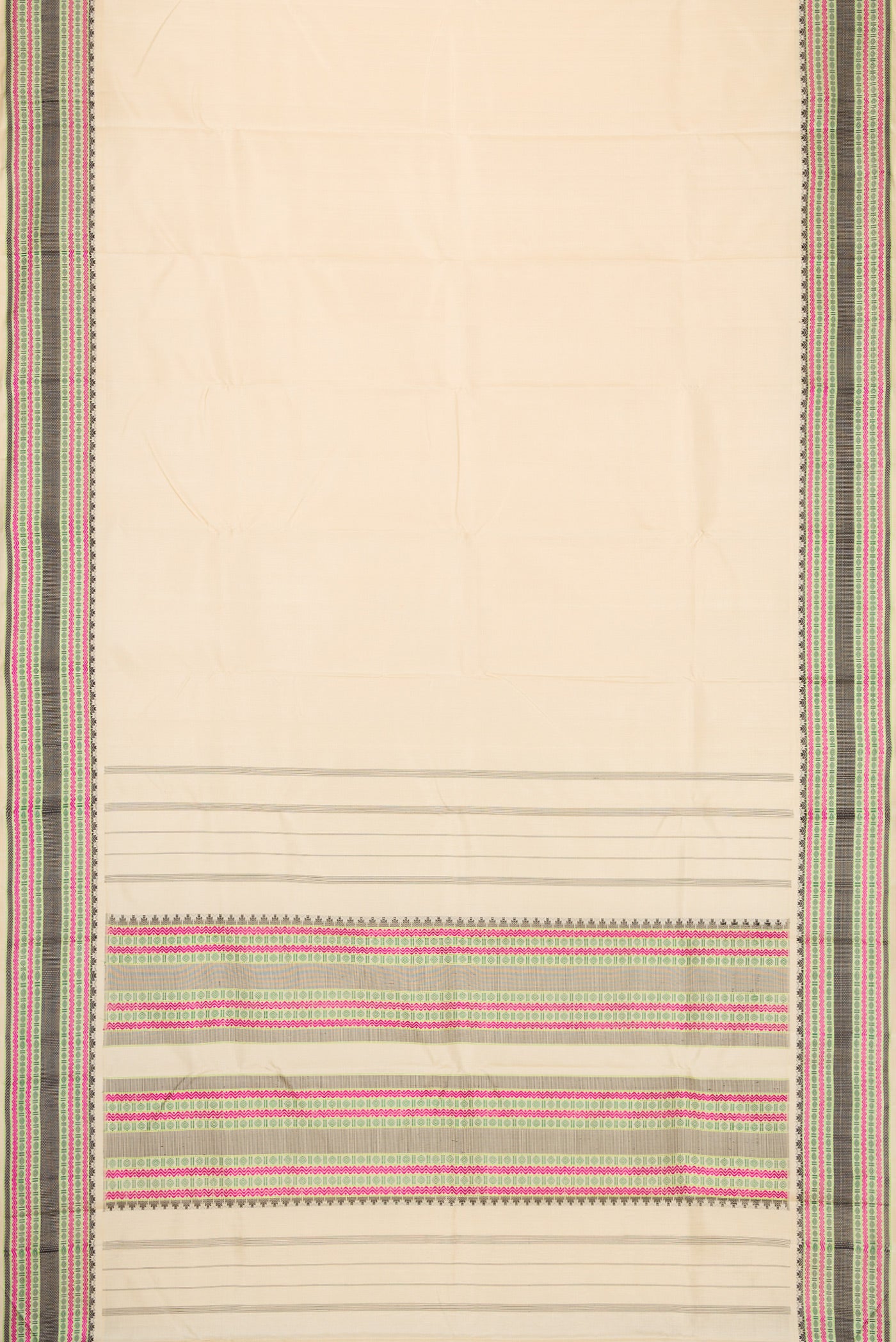 Flat view of Sandal Dual Tone Kanchipuram Silk Saree with Plain Body and Thread Border. 