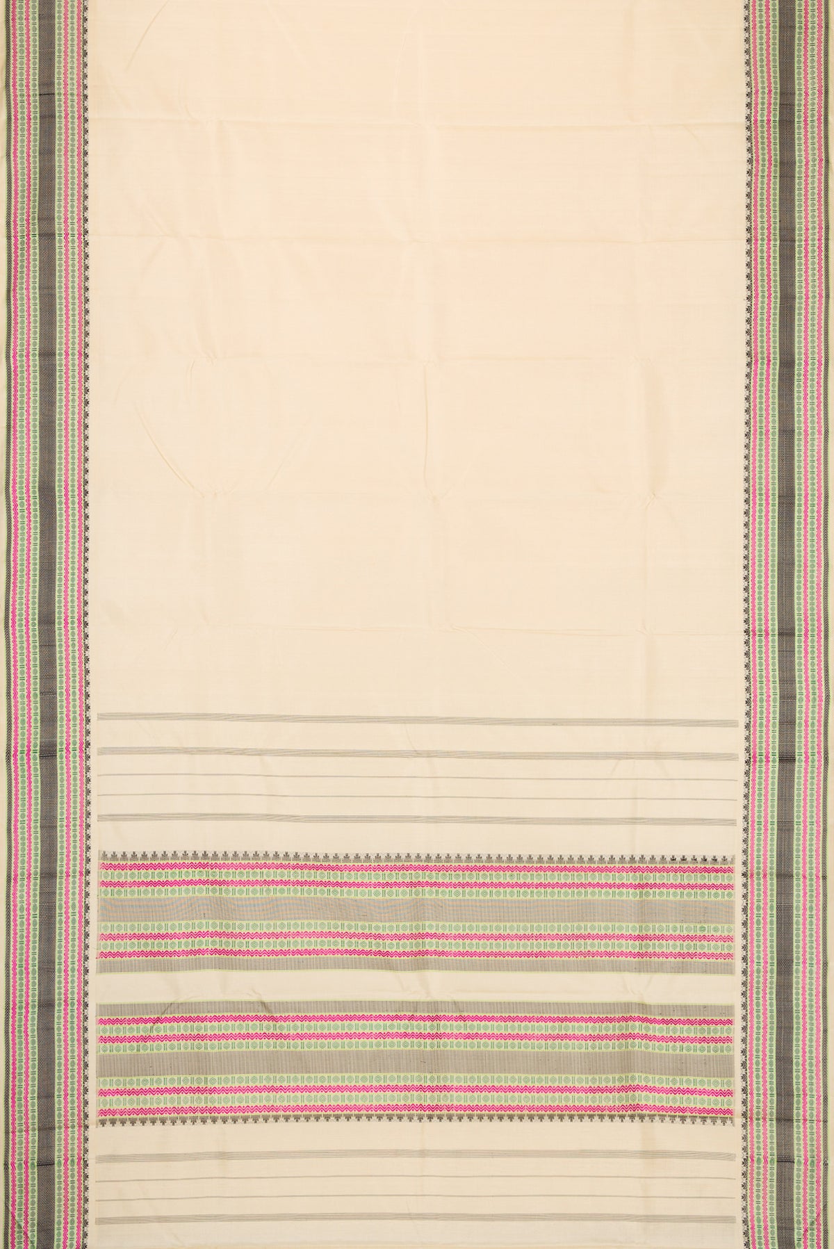 Flat view of Sandal Dual Tone Kanchipuram Silk Saree with Plain Body and Thread Border. 
