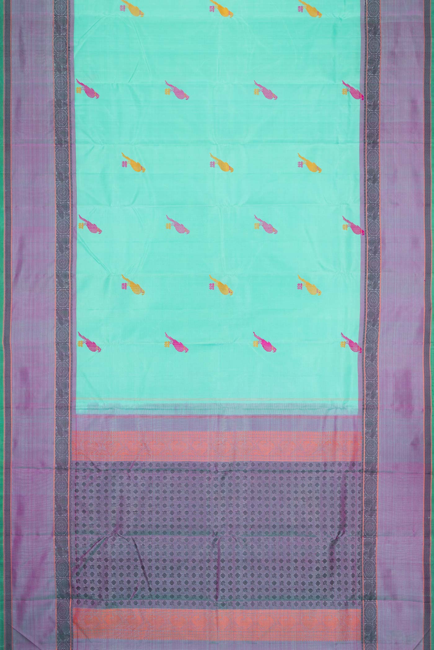 Flat view of Sky Blue Dual Tone Kanchipuram Silk Saree with Thread Butta on the body and Thread Border