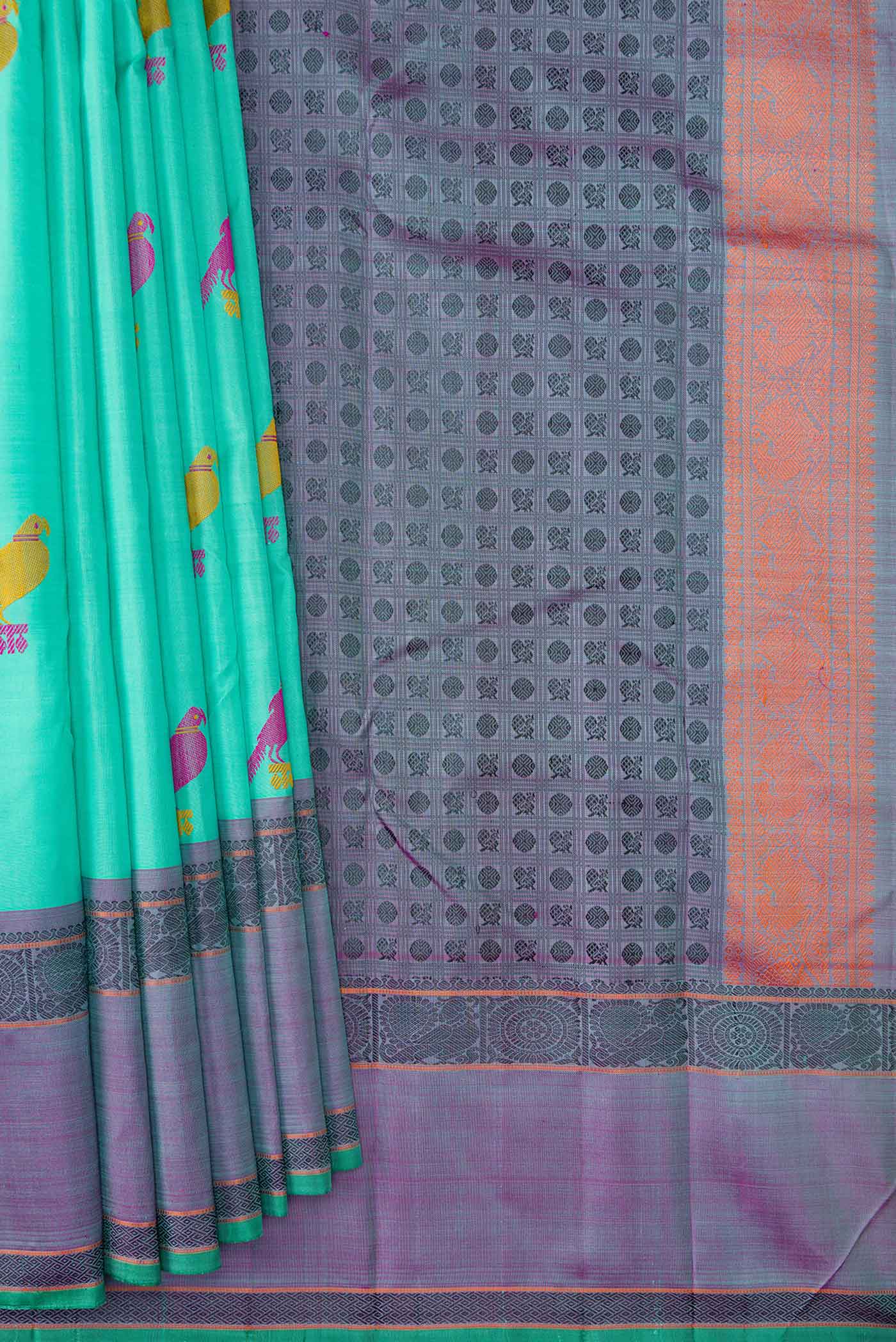 Pleats and pallu of Sky Blue Dual Tone Kanchipuram Silk Saree with Thread Butta on the body and Thread Border