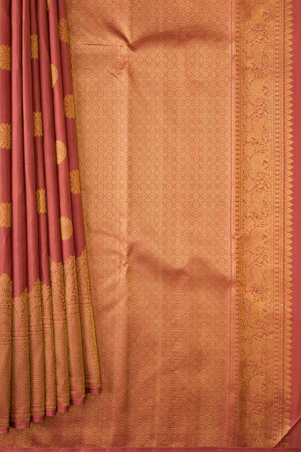 Pleats and pallu of Pure Silk Pure Zari Brown Dual Tone Kanchipuram Saree with Zari Butta on the body and Fancy Border