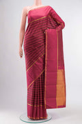 Maroon Kanchipuram Silk Saree with Stripes on the body and Zari Border displayed on a mannequin