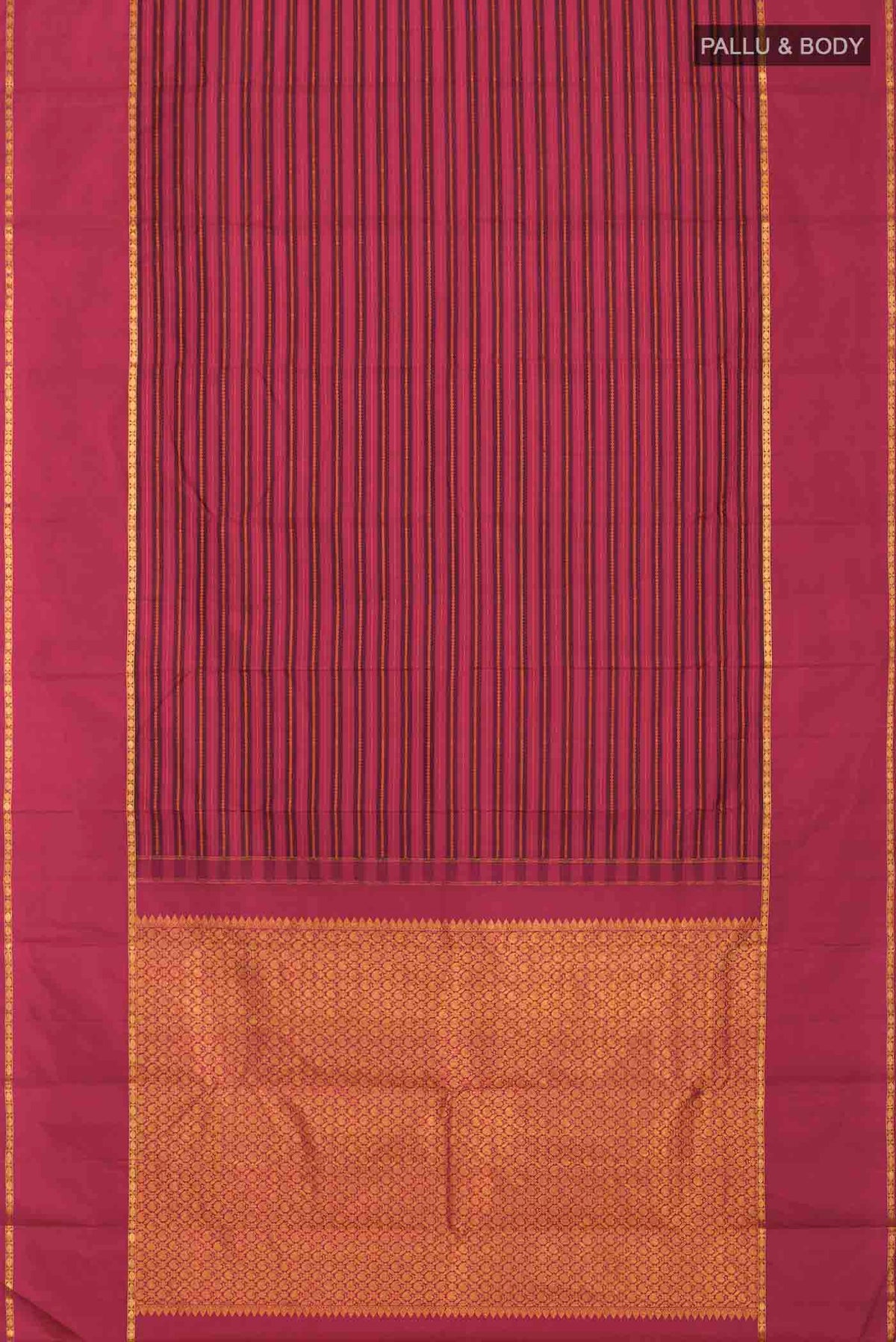 Flat view of Maroon Kanchipuram Silk Saree with Stripes on the body and Zari Border