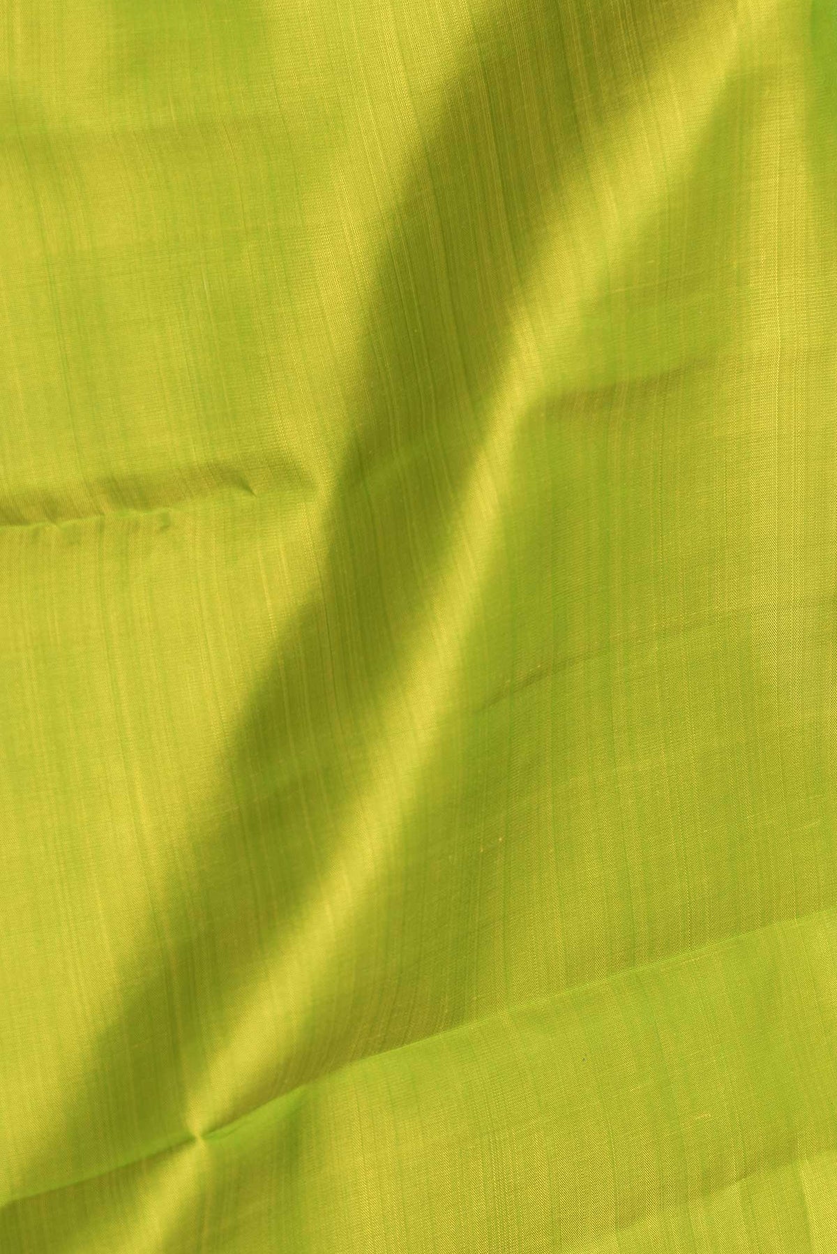 Close up of Parrot Green Dual Tone Kanchipuram Saree with Plain Body and Zari Border displaying folds