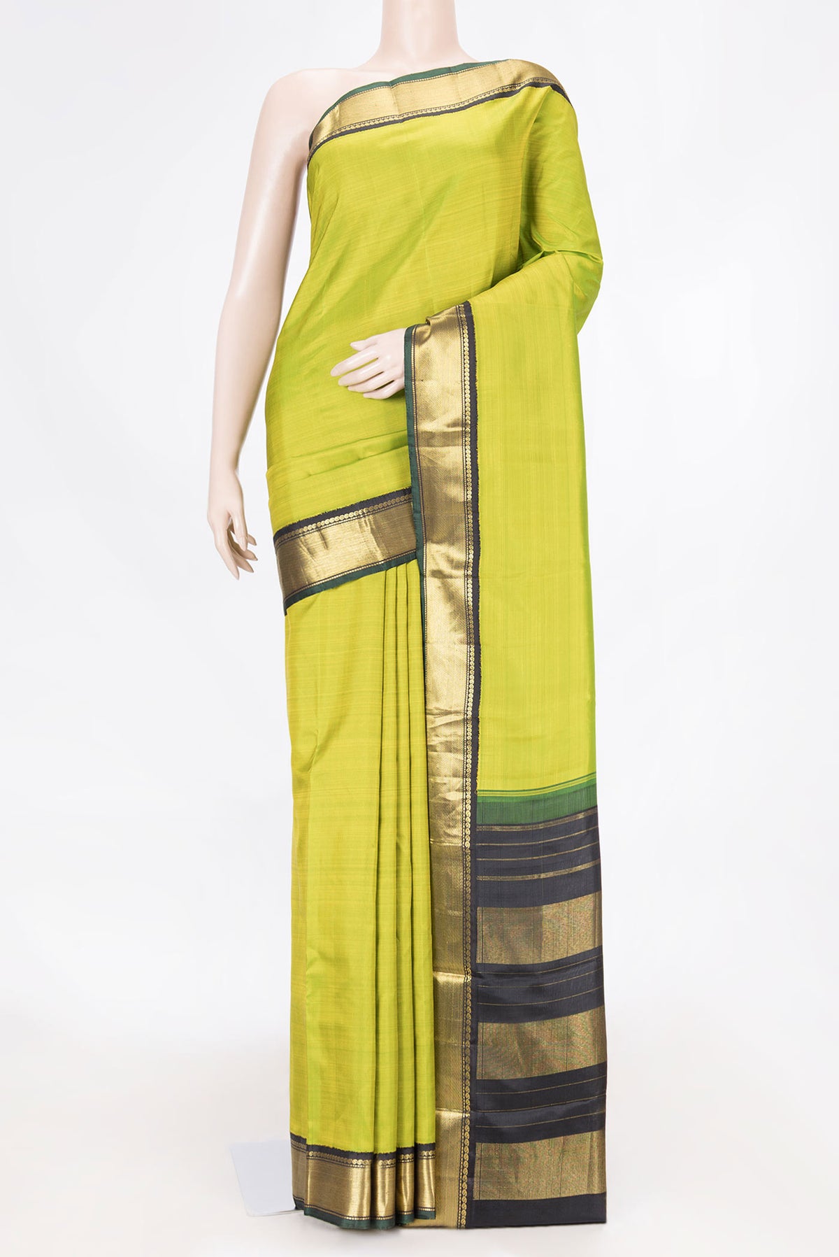 Parrot Green Dual Tone Kanchipuram Saree with Plain Body and Zari Border displayed on a mannequin