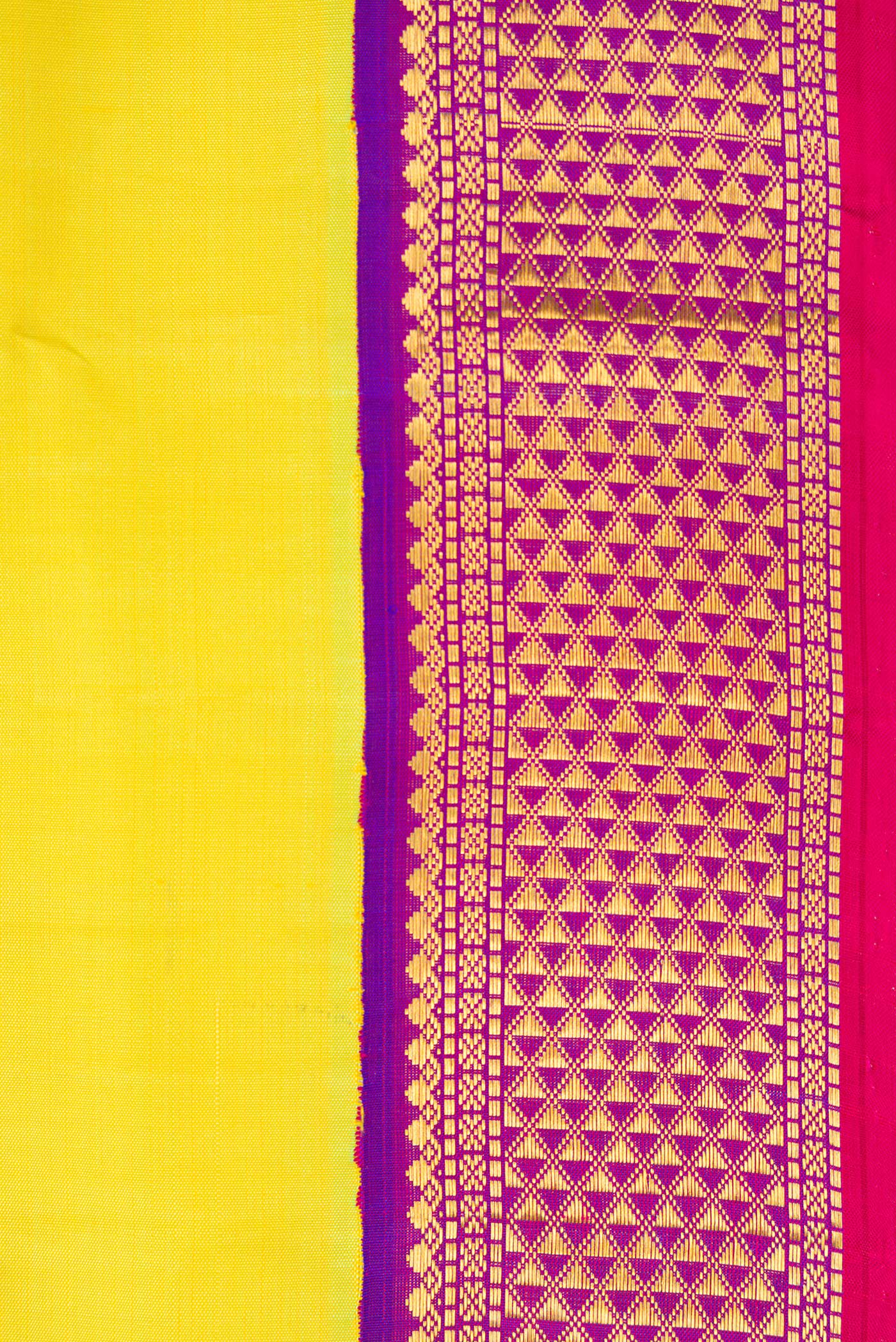 Border image of Pure Silk Pure Zari Parrot Green Dual Tone Kanchipuram Nine Yards Saree with Plain Body and Ganga Jamuna Border. 