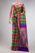 Pure Silk Pure Zari Green , Pink and Orange Color Kanchipuram Nine Yards Saree with Checked design on the body and Zari Border.  displayed on a mannequin